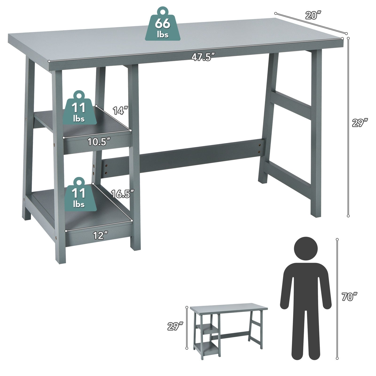 Trestle Computer Desk Home Office Workstation with Removable Shelves-Gray