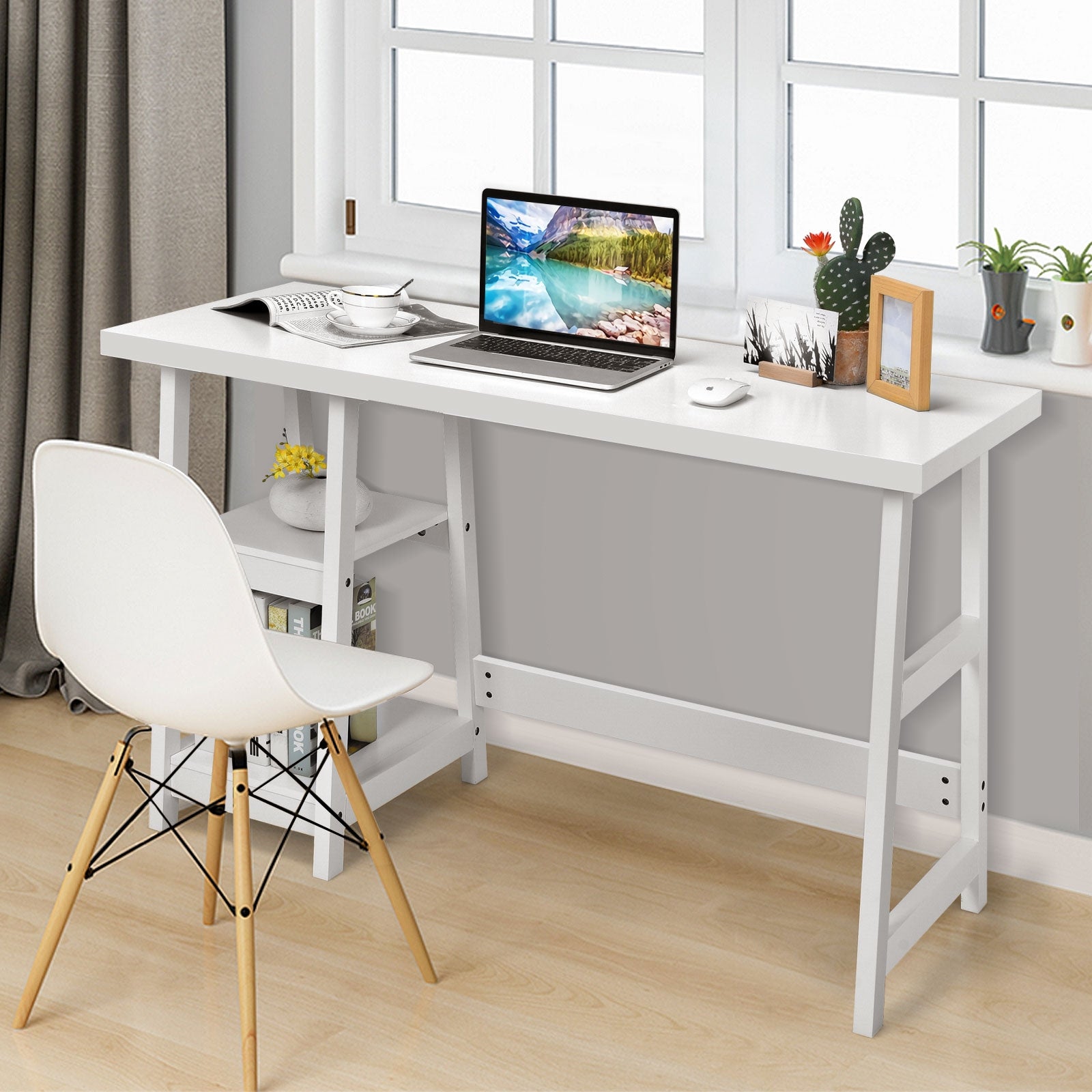 Trestle Computer Desk Home Office Workstation with Removable Shelves-White