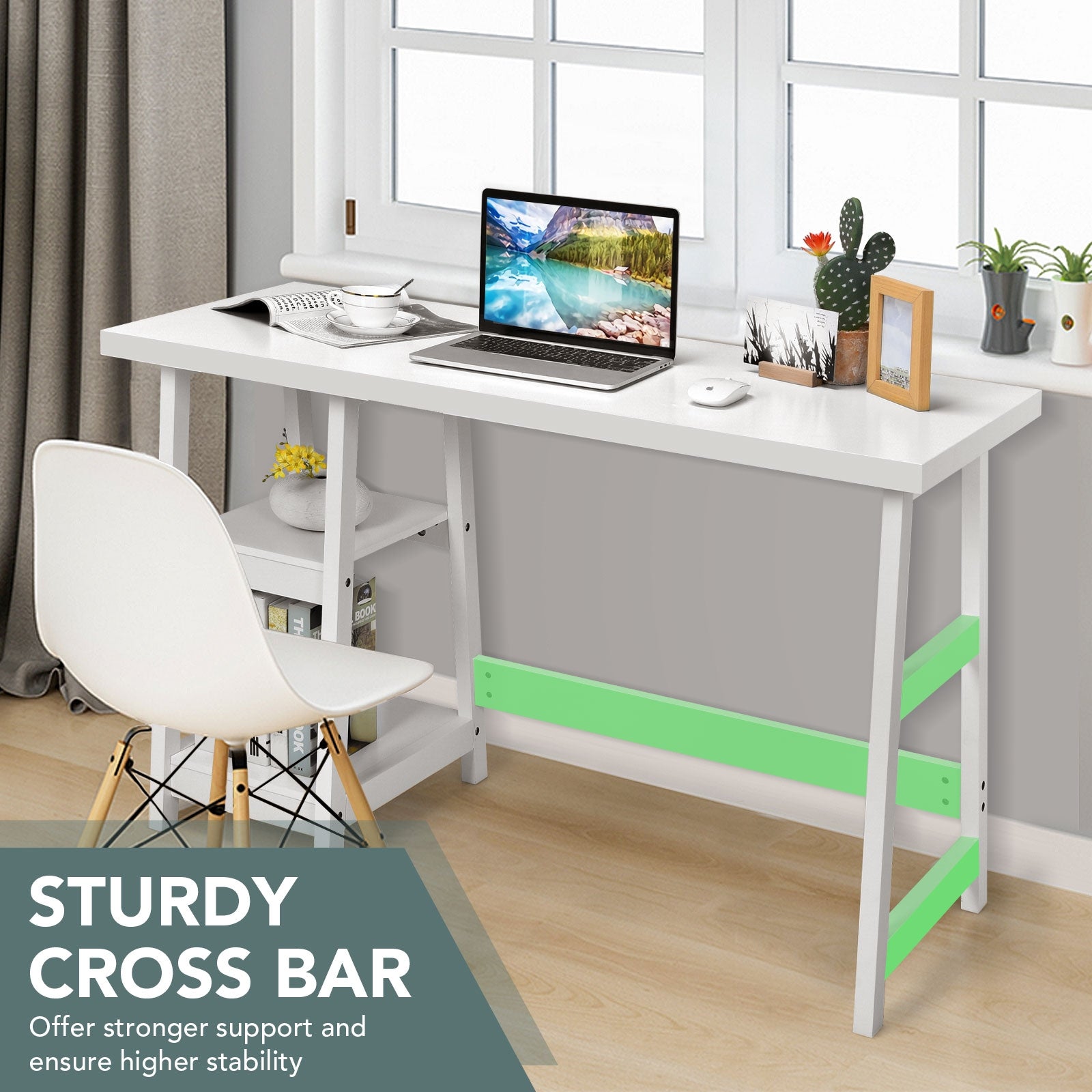 Trestle Computer Desk Home Office Workstation with Removable Shelves-White