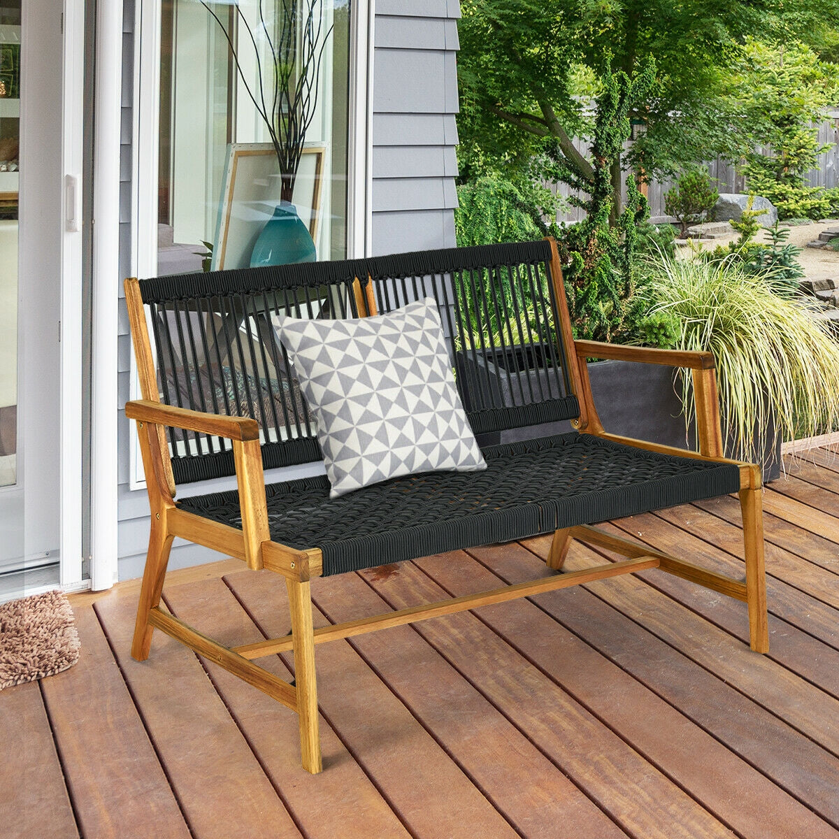 2-Person Acacia Wood Yard Bench for Balcony and Patio-BlackÂ 