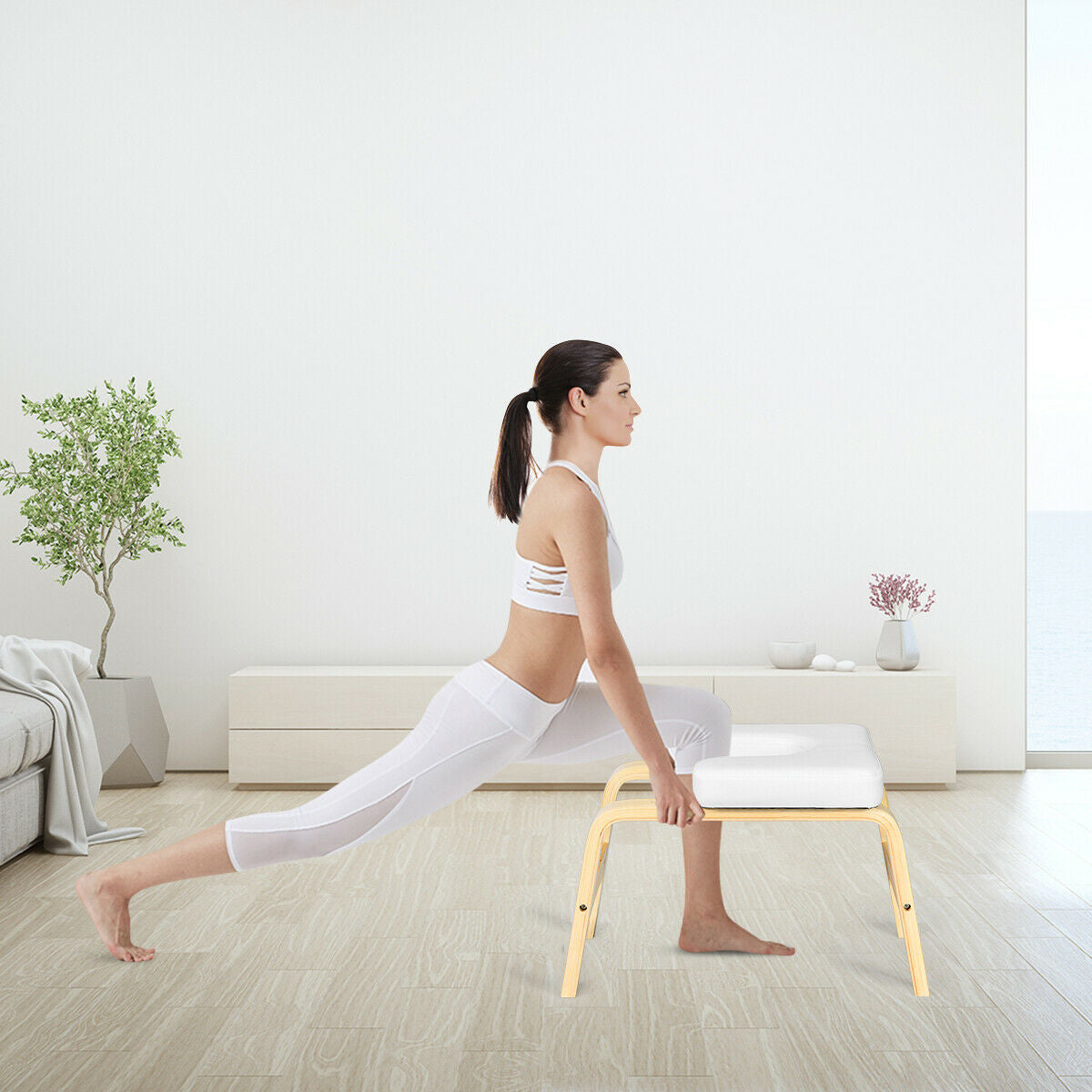 Yoga Headstand Wood Stool with PVC Pads-White