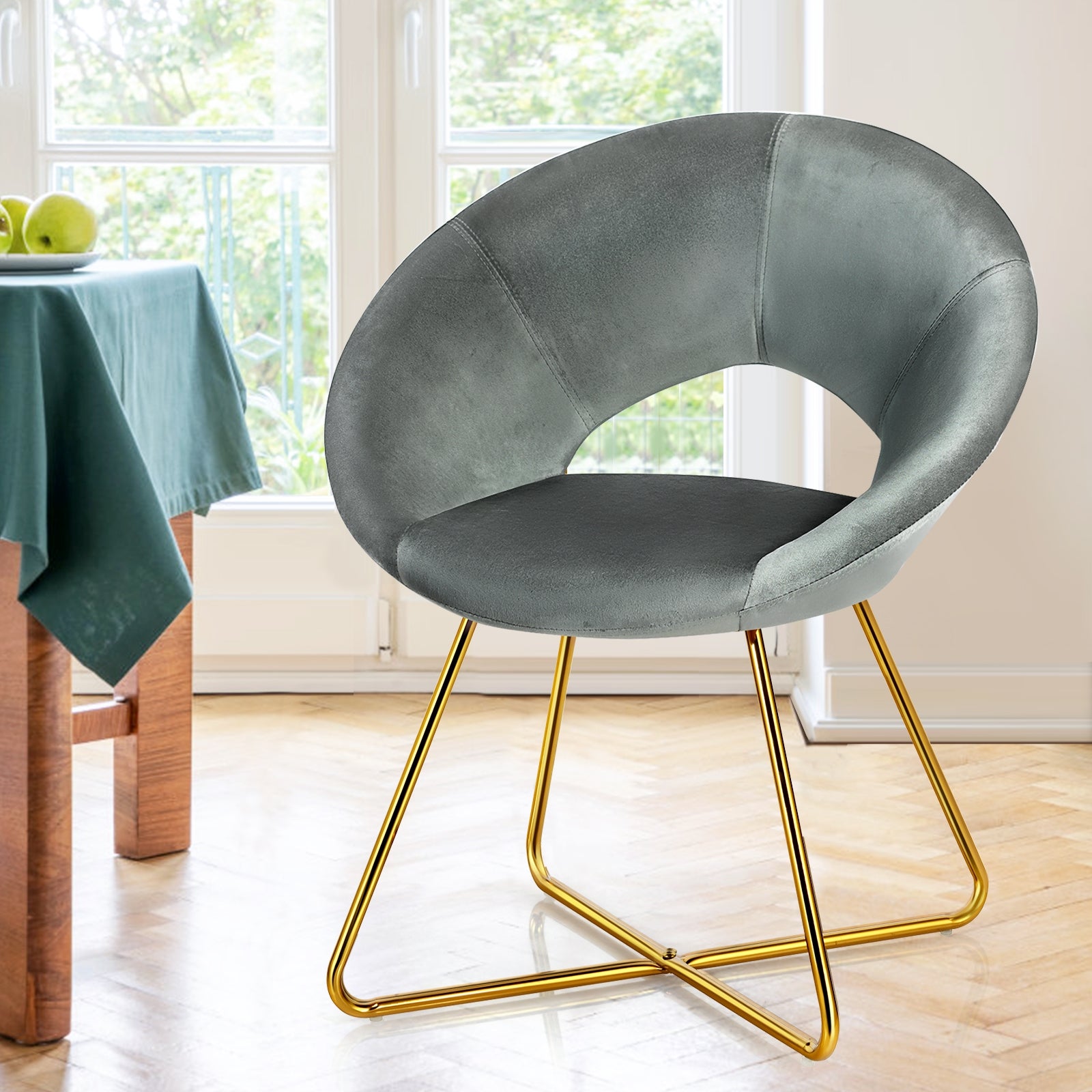 Modern Accent Velvet Dining Arm Chair with Golden Metal Legs and Soft Cushion-GrayÂ 