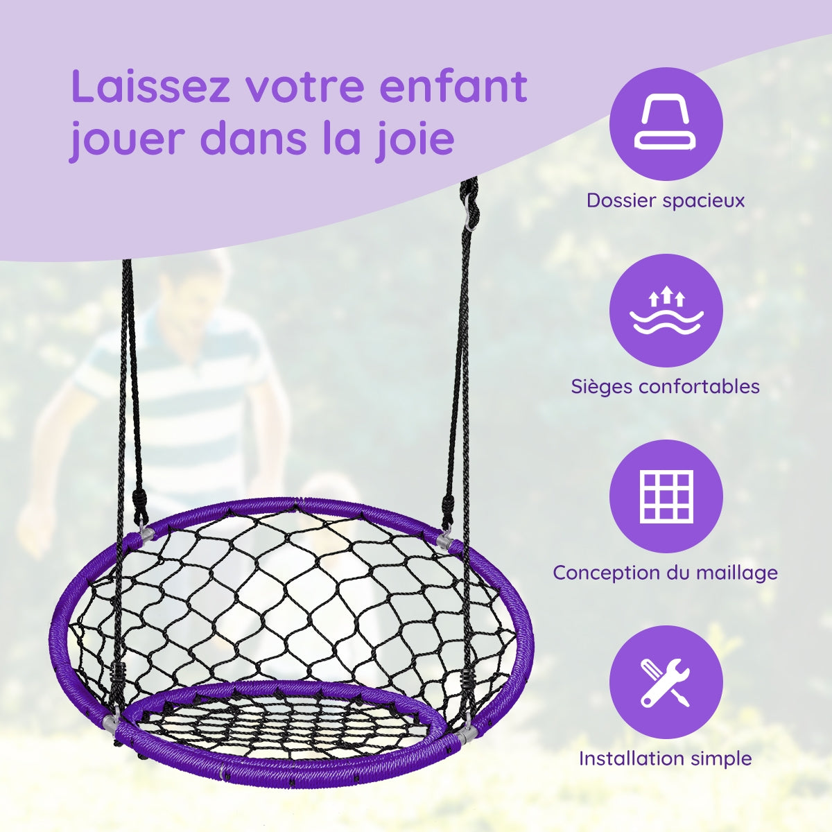 Net Hanging Swing Chair with Adjustable Hanging Ropes-Purple