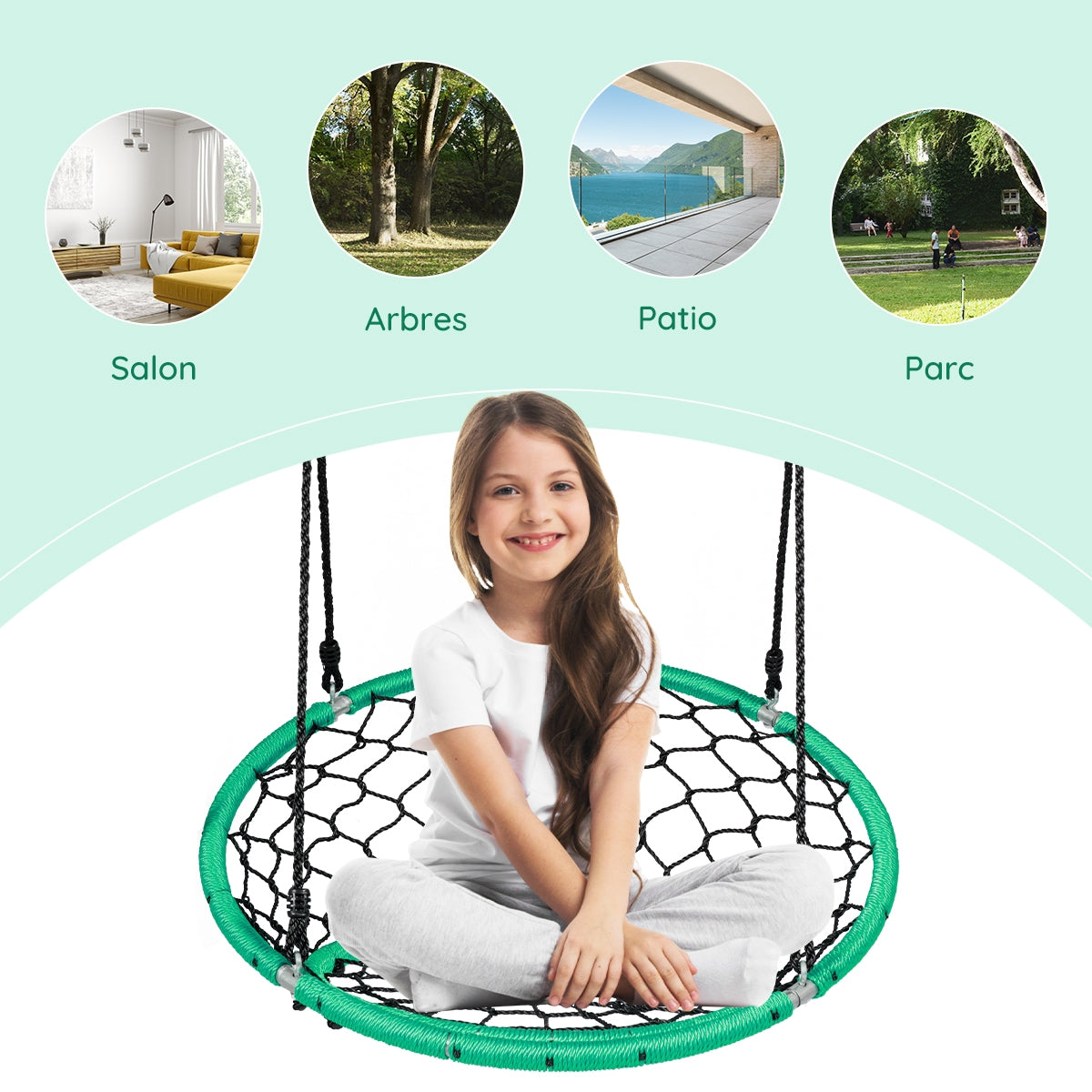 Net Hanging Swing Chair with Adjustable Hanging Ropes-Green