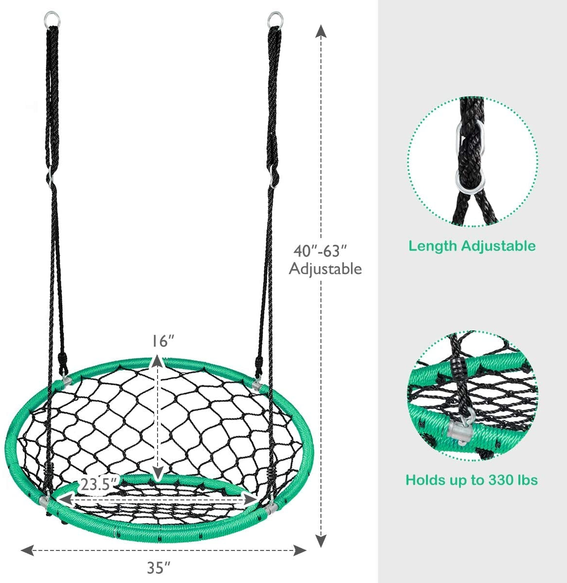 Net Hanging Swing Chair with Adjustable Hanging Ropes-Green