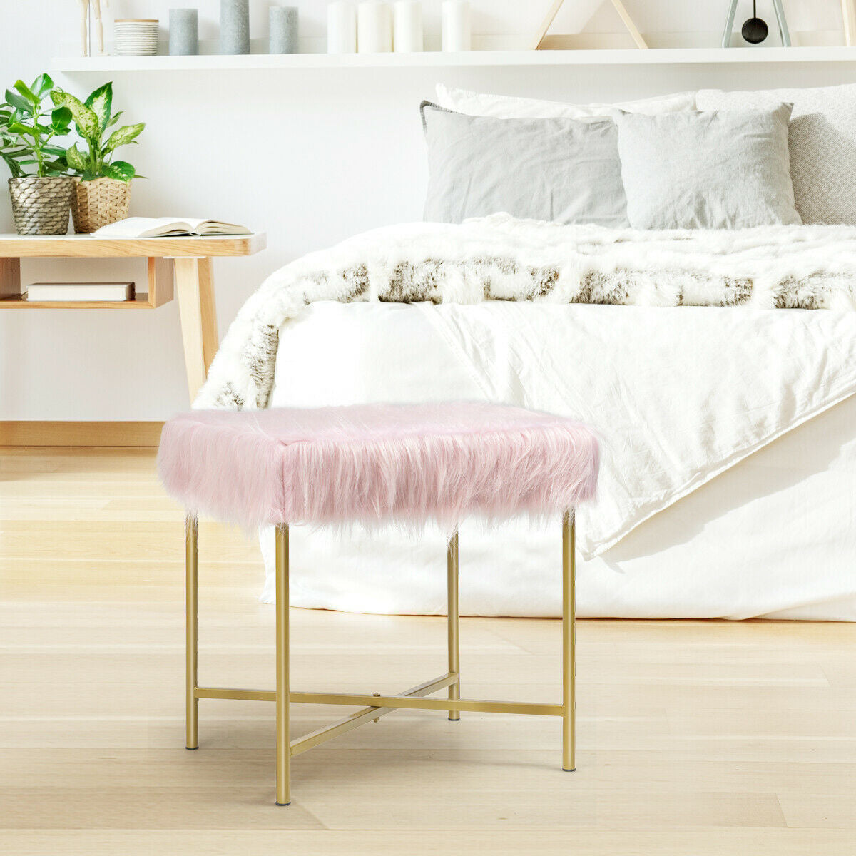 Faux Fur Ottoman Decorative Stool with Metal Legs-PinkÂ 