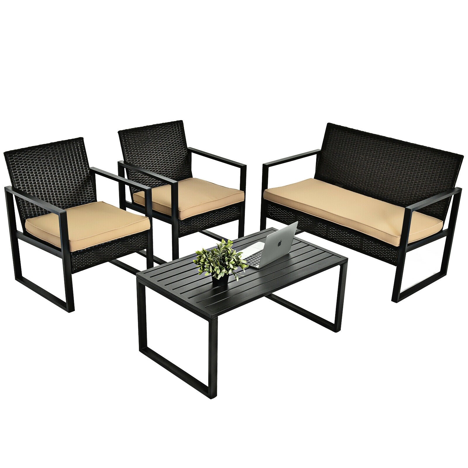 4 Pieces Patio Rattan Furniture Set Cushioned Sofa Coffee Table Garden Deck