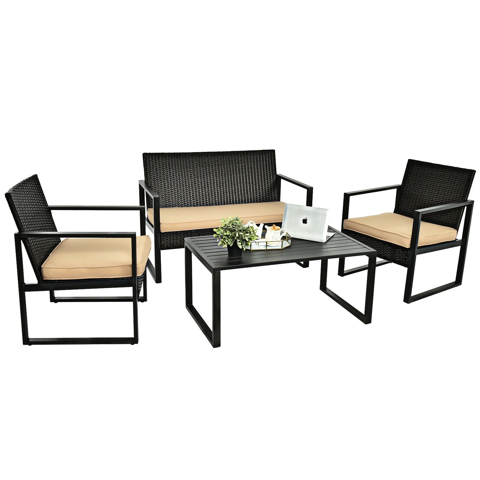 4 Pieces Patio Rattan Furniture Set Cushioned Sofa Coffee Table Garden Deck