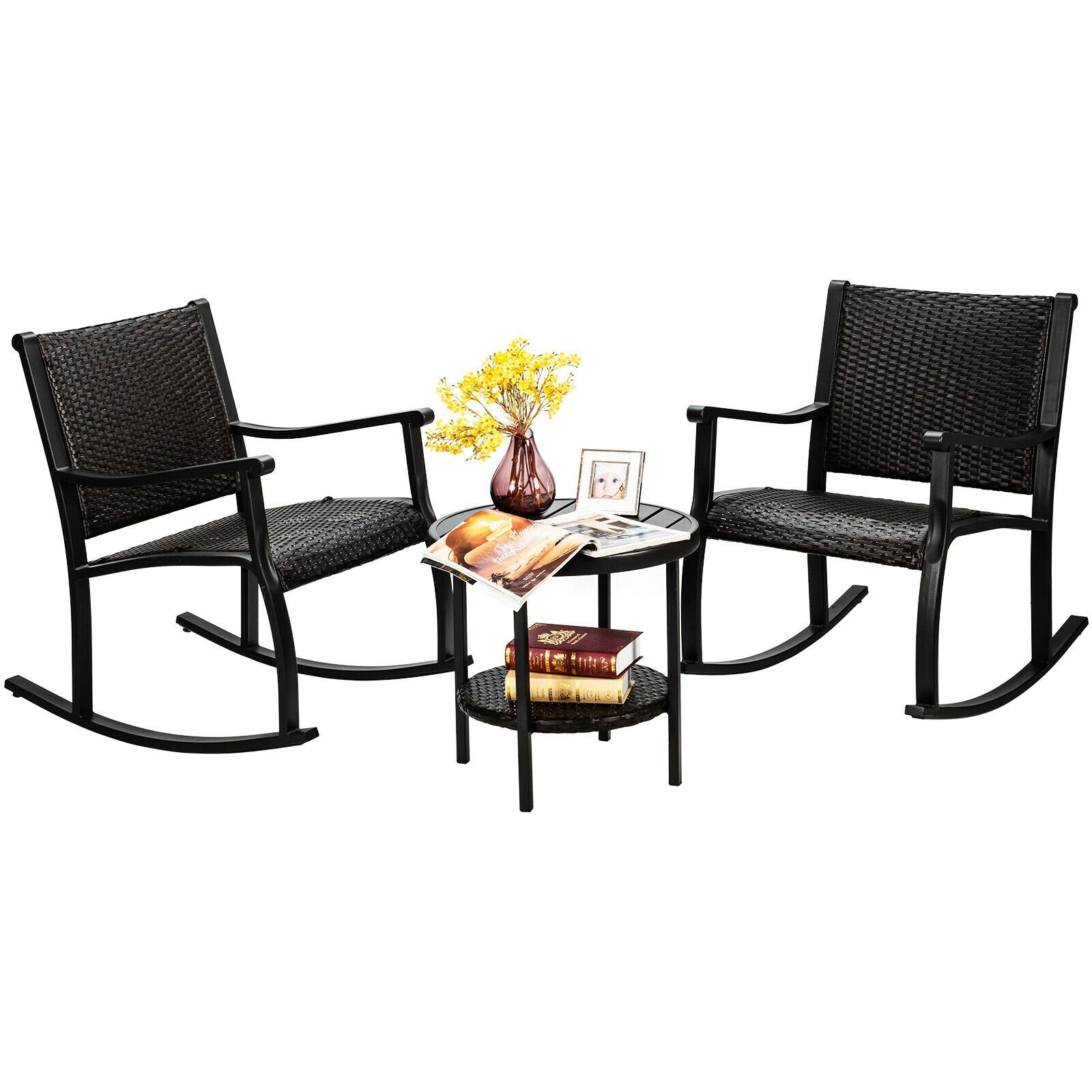 3 Pieces Patio Rattan Furniture Set with Coffee Table and Rocking Chairs