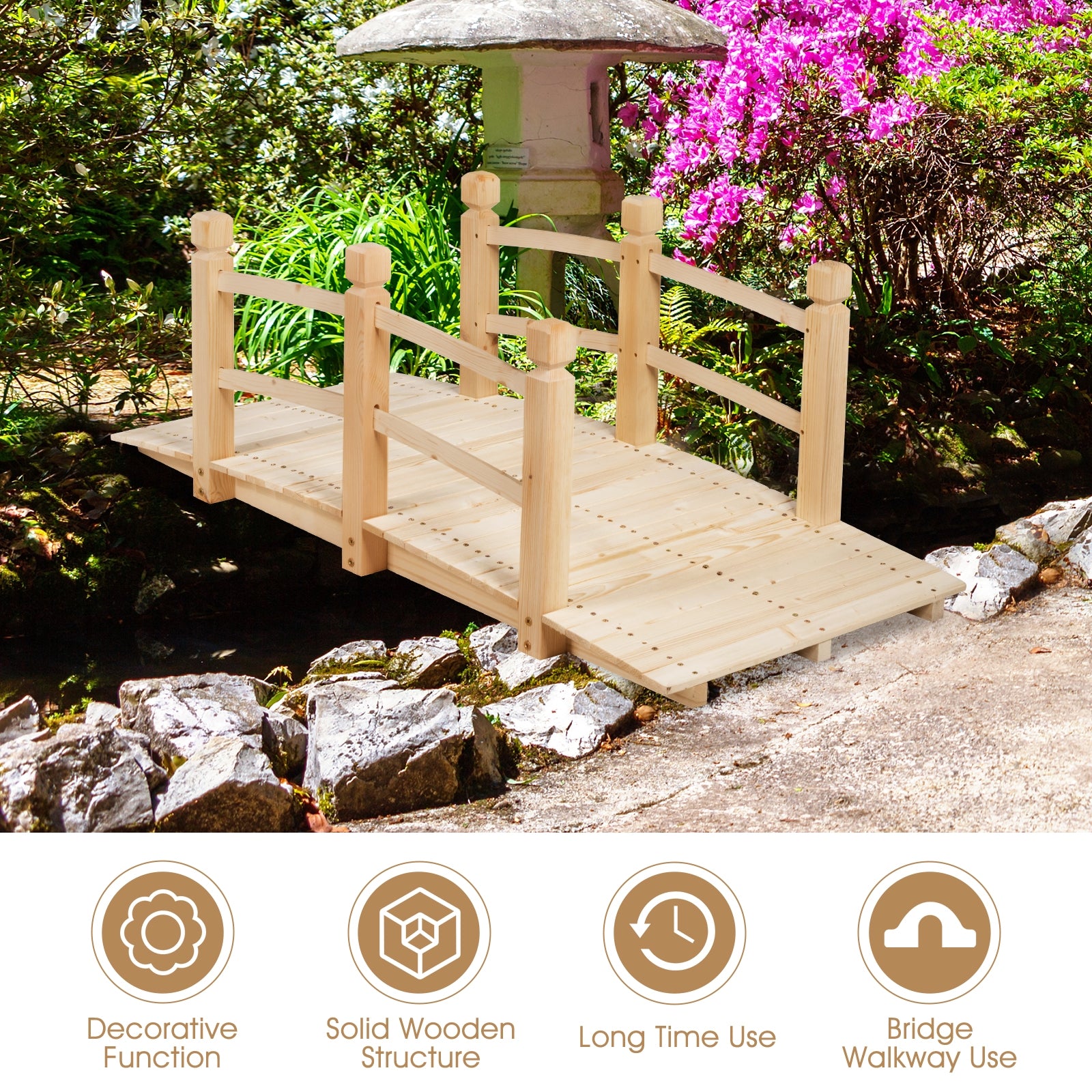 5' Wooden Garden Bridge Arc Stained Finish Footbridge Decorative