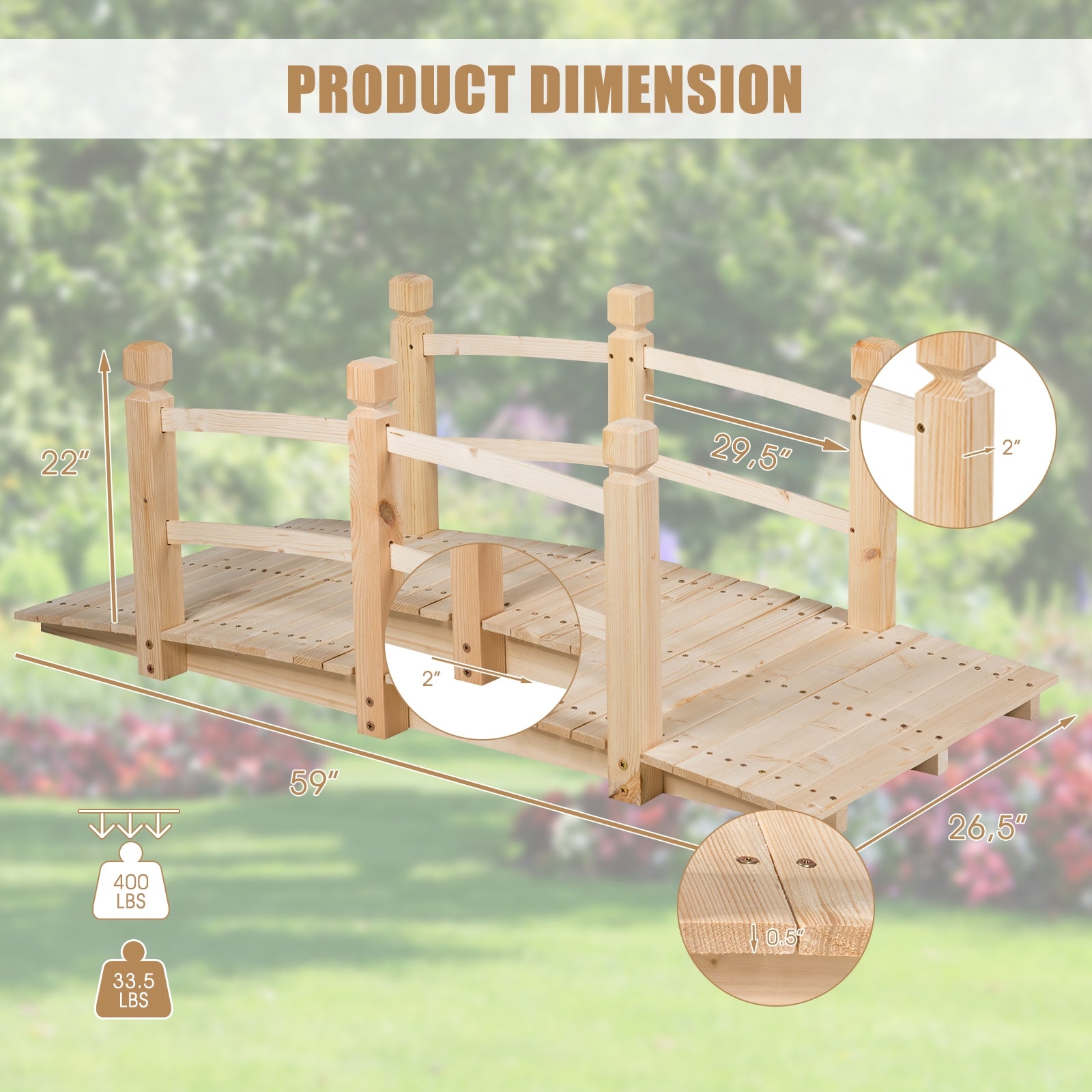 5' Wooden Garden Bridge Arc Stained Finish Footbridge Decorative