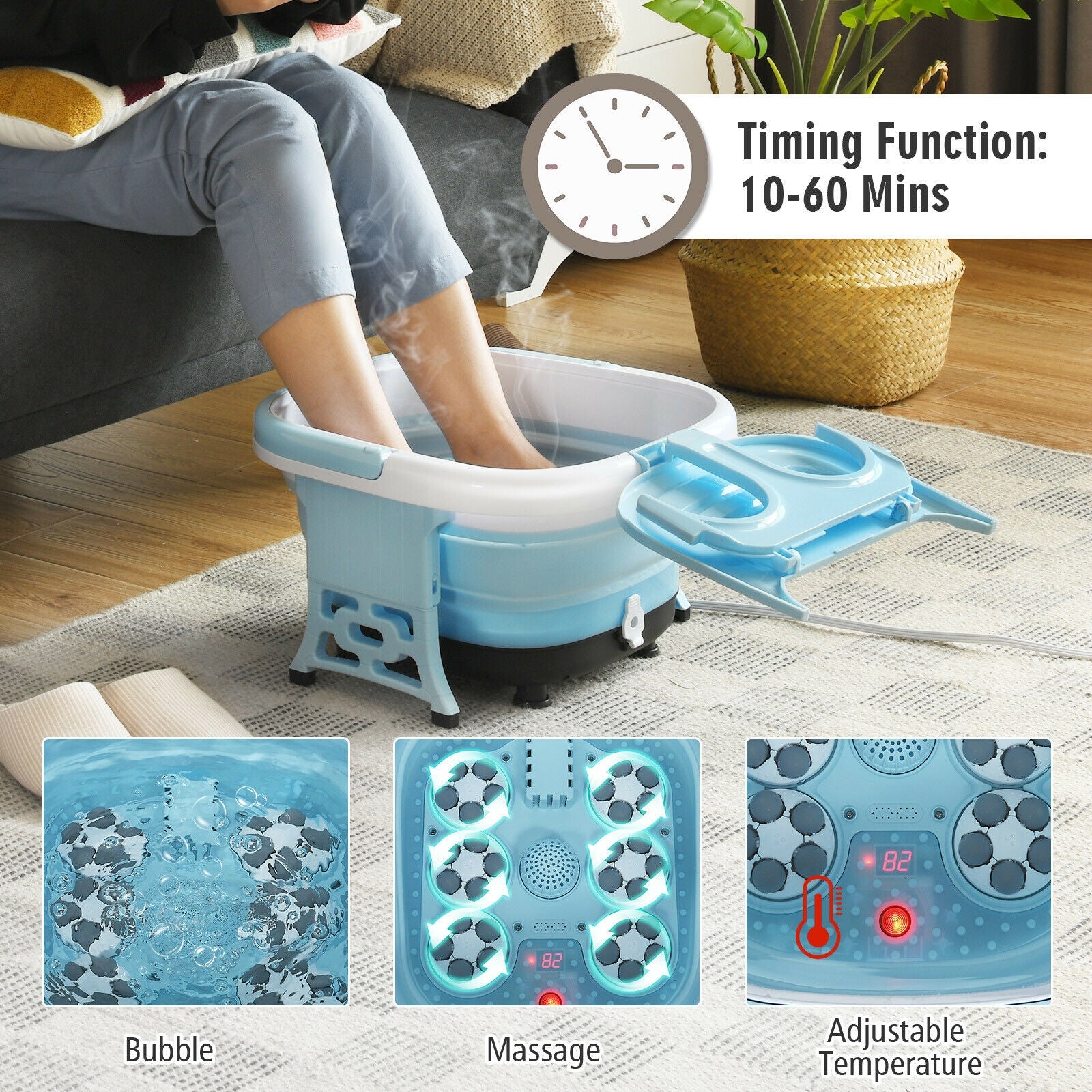 Foldable Foot Spa Bath Motorized Massager with Bubble Red Light Timer Heat-Blue