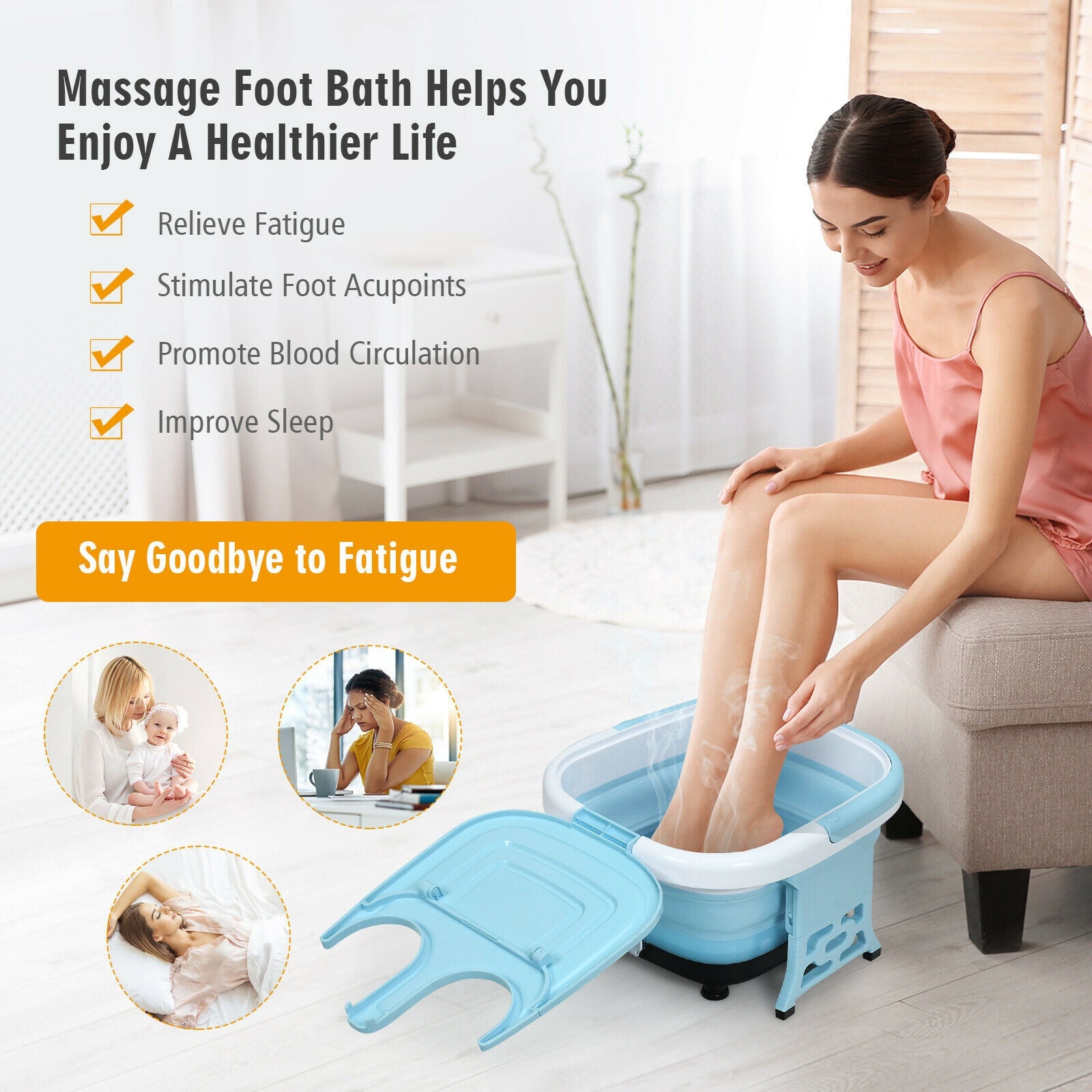 Foldable Foot Spa Bath Motorized Massager with Bubble Red Light Timer Heat-Blue