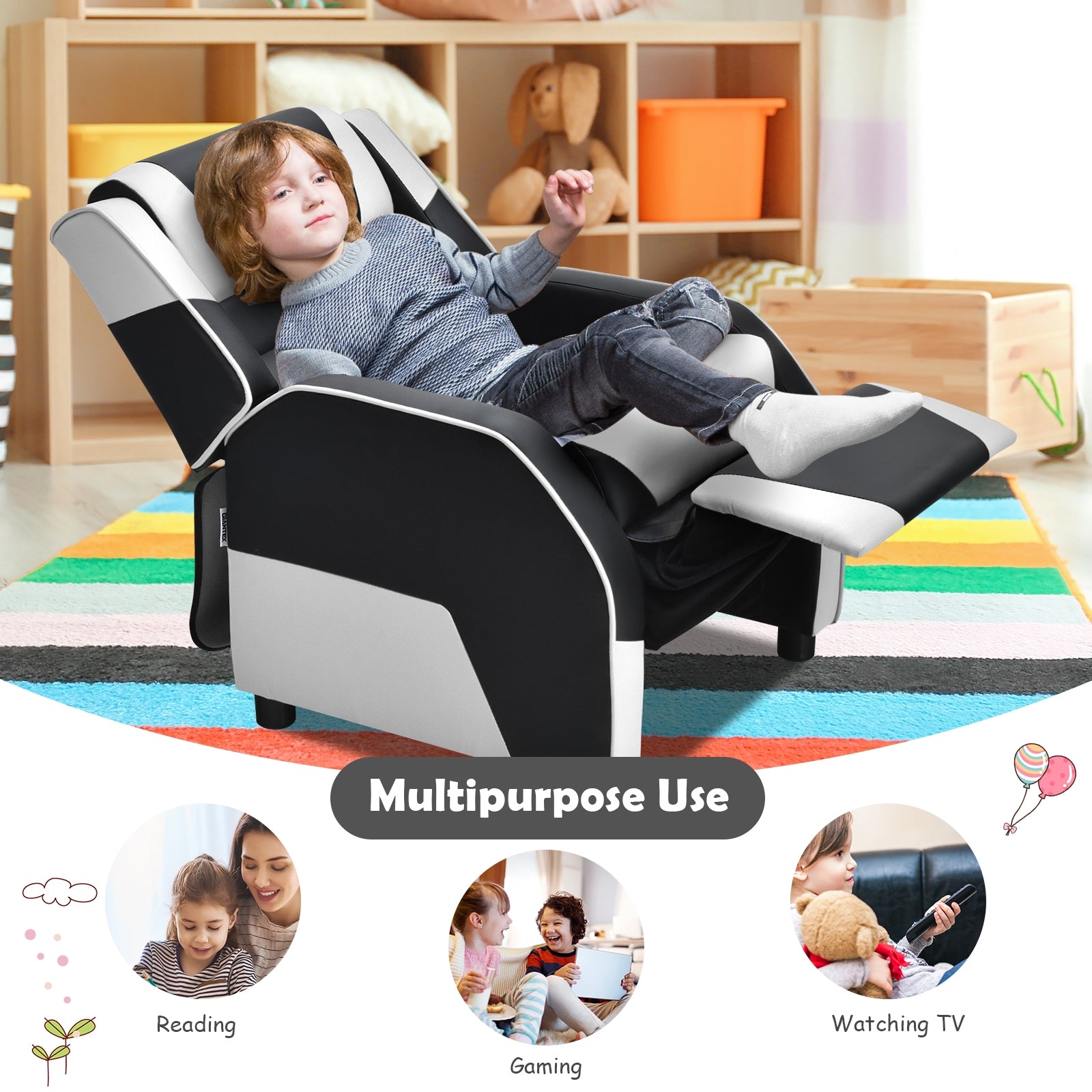 Kids Youth PU Leather Gaming Sofa Recliner with Headrest and Footrest-White