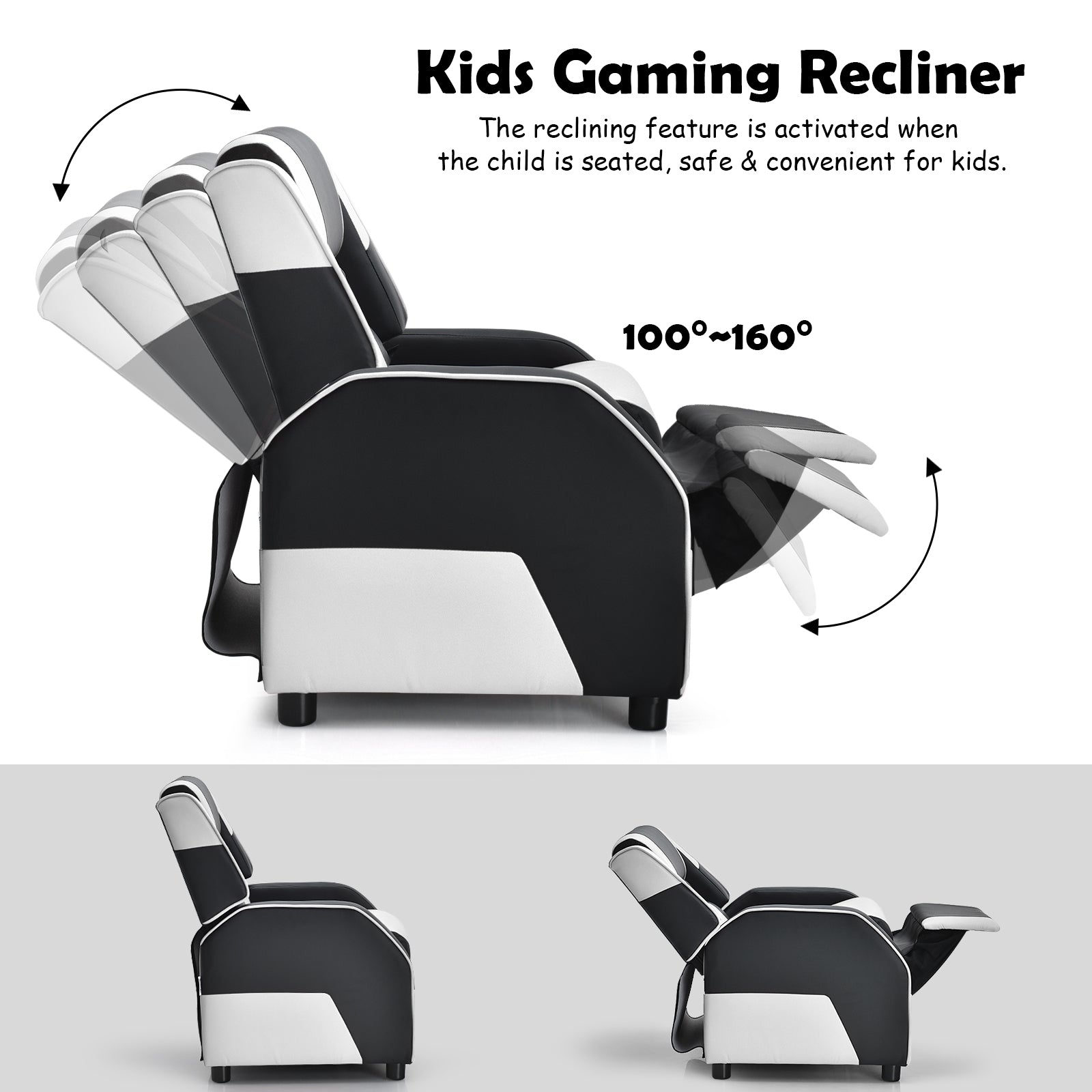 Kids Youth PU Leather Gaming Sofa Recliner with Headrest and Footrest-White