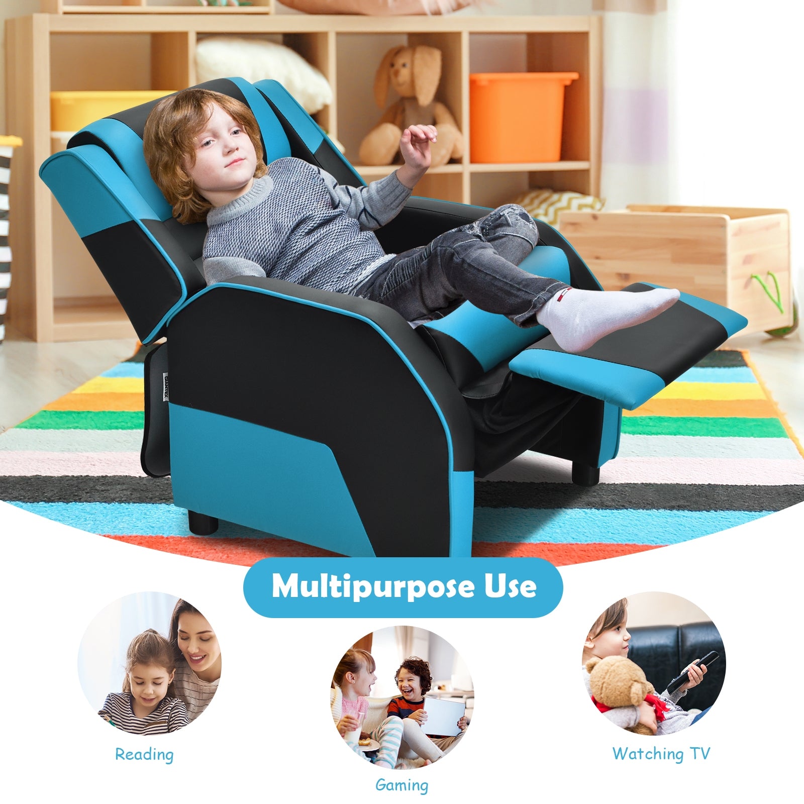 Kids Youth PU Leather Gaming Sofa Recliner with Headrest and Footrest-Blue