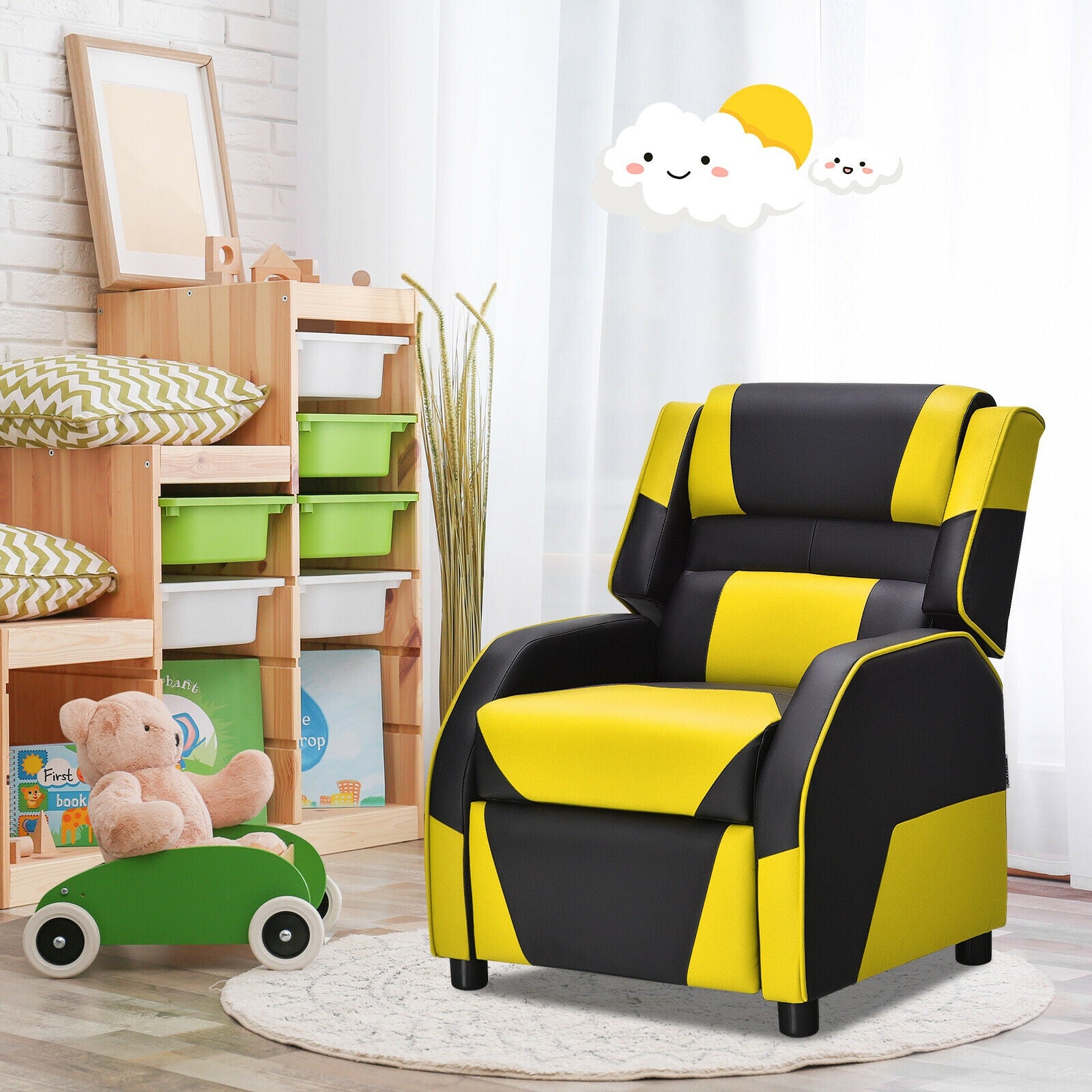 Kids Youth PU Leather Gaming Sofa Recliner with Headrest and Footrest-Yellow