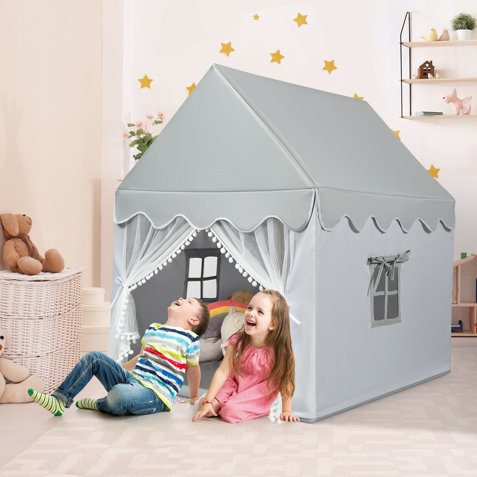 Kids Large Play Castle Fairy Tent with Mat-GrayÂ 