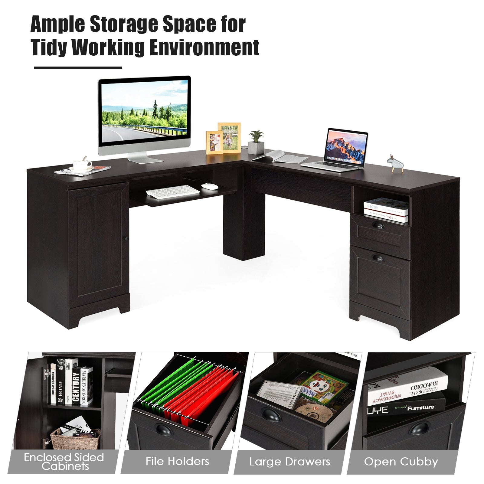 66 Inch L-Shaped Writing Study Workstation Computer Desk with Drawers-Coffee