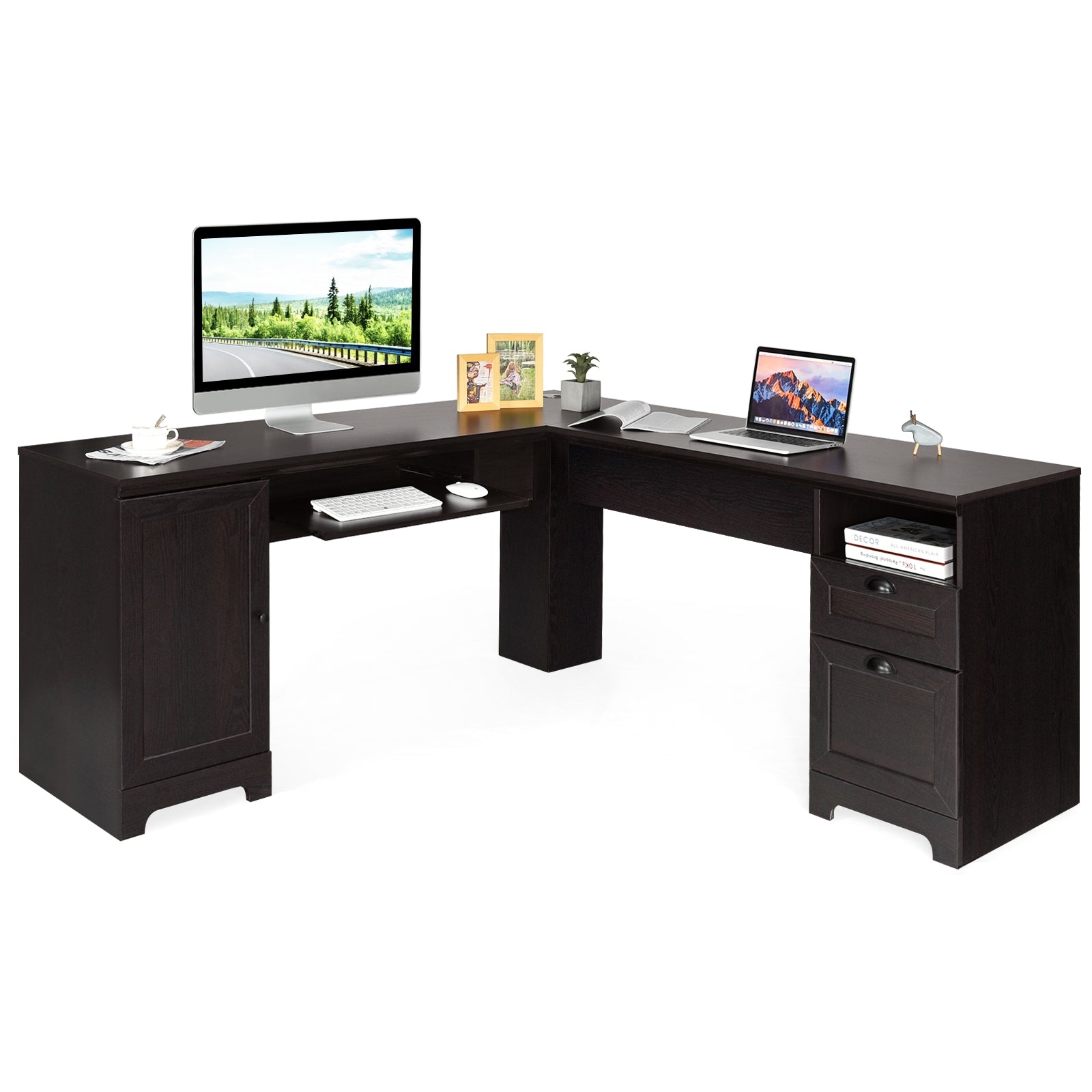 66 Inch L-Shaped Writing Study Workstation Computer Desk with Drawers-Coffee