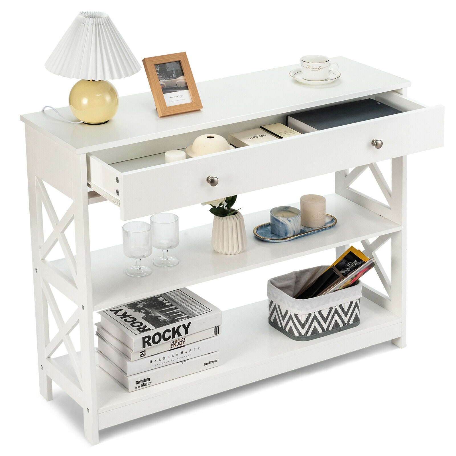 3-Tier Console Table with Drawers for Living Room Entryway-White