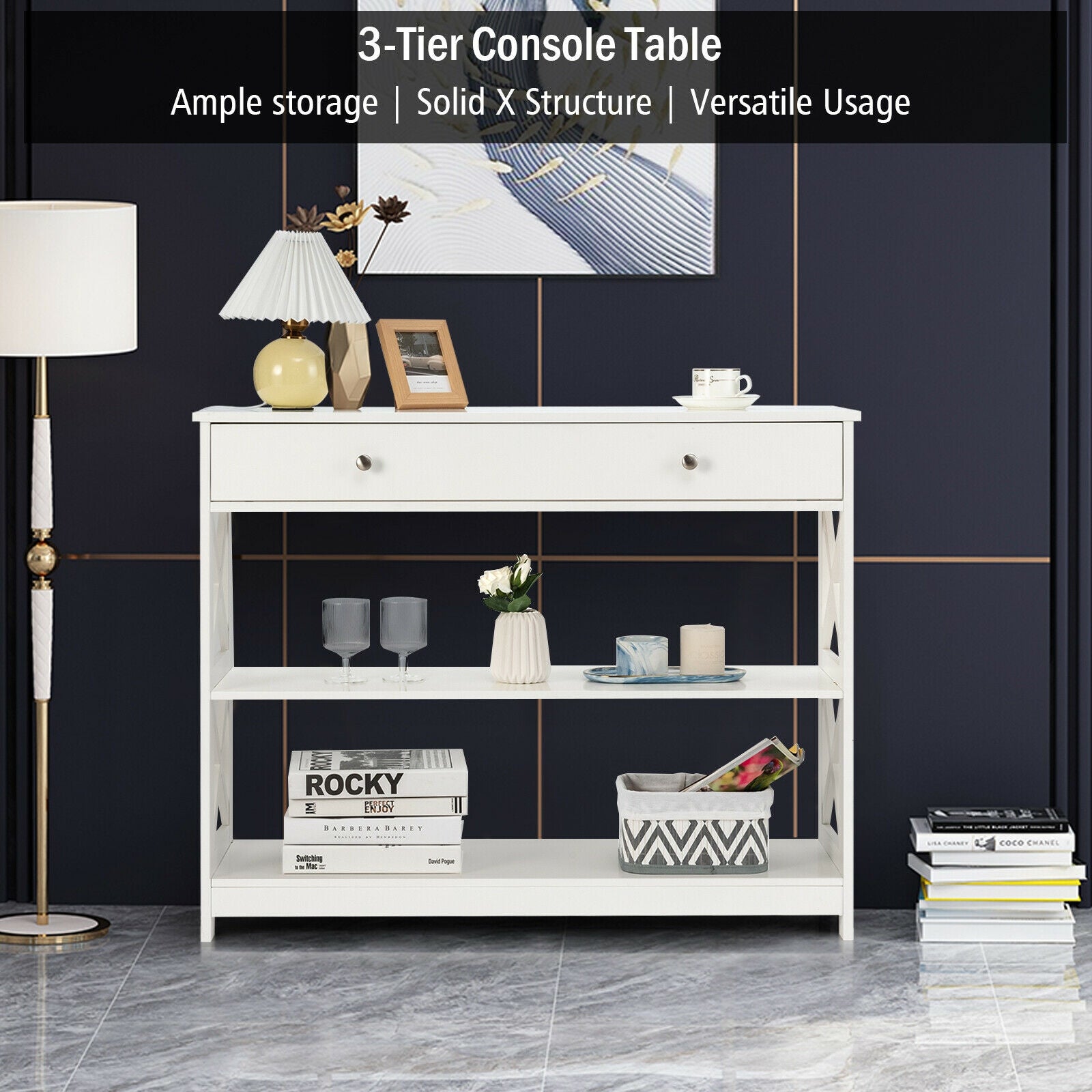 3-Tier Console Table with Drawers for Living Room Entryway-White