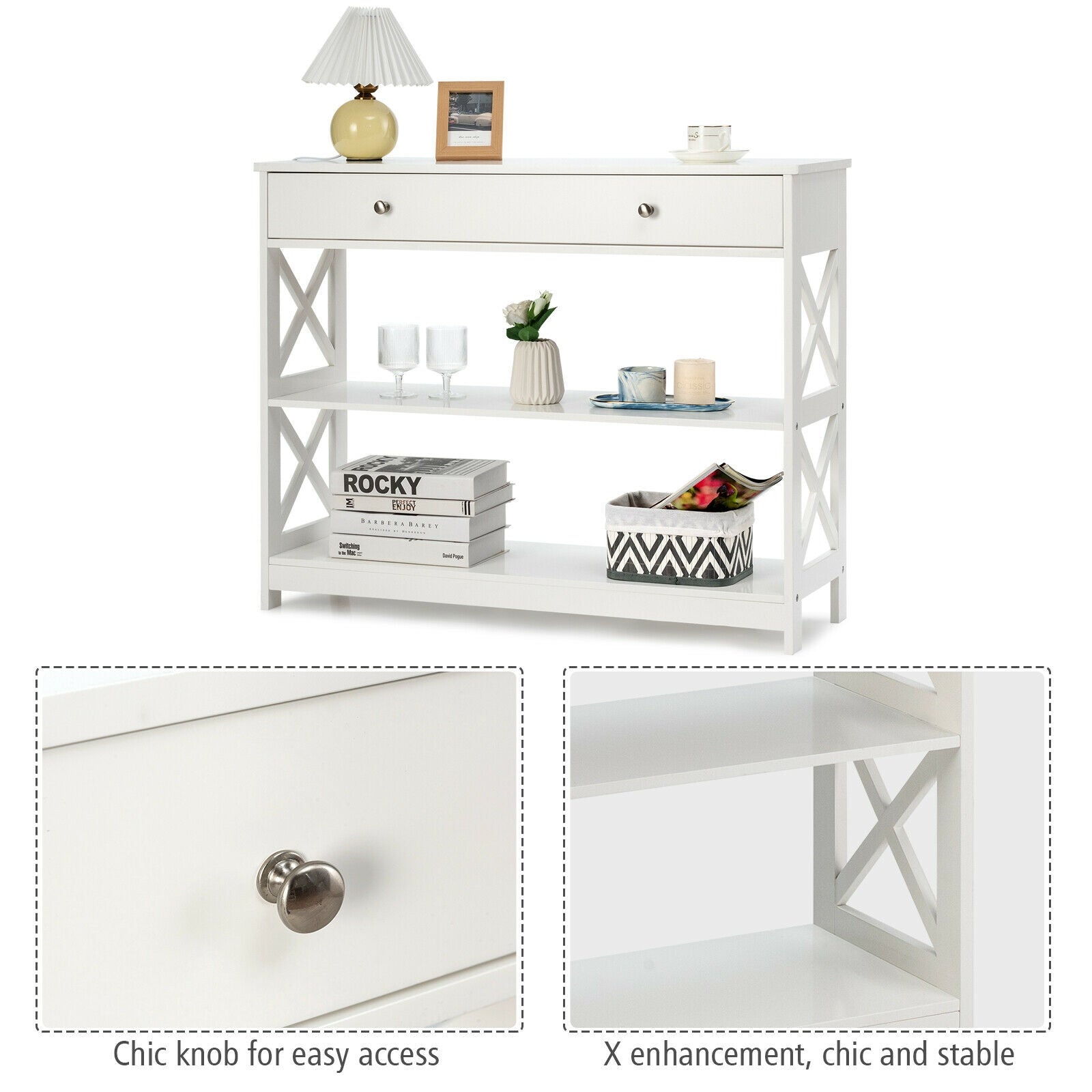 3-Tier Console Table with Drawers for Living Room Entryway-White