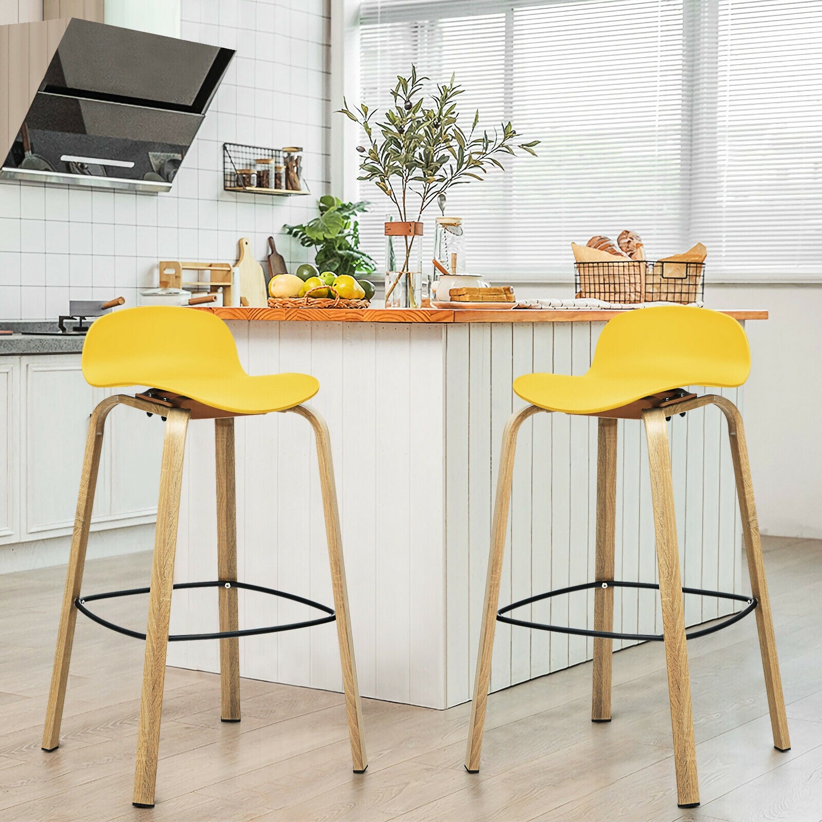 Set of 2 Modern Barstools Pub Chairs with Low Back and Metal Legs-Yellow