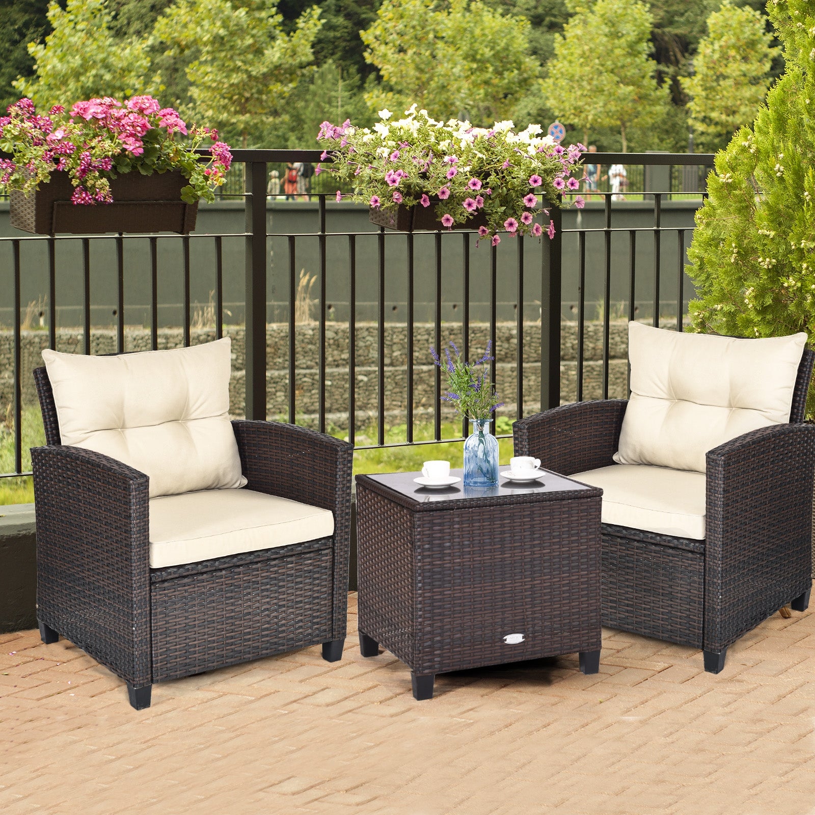 3 Pieces Patio Rattan Furniture Set with 4 Removable Cushions