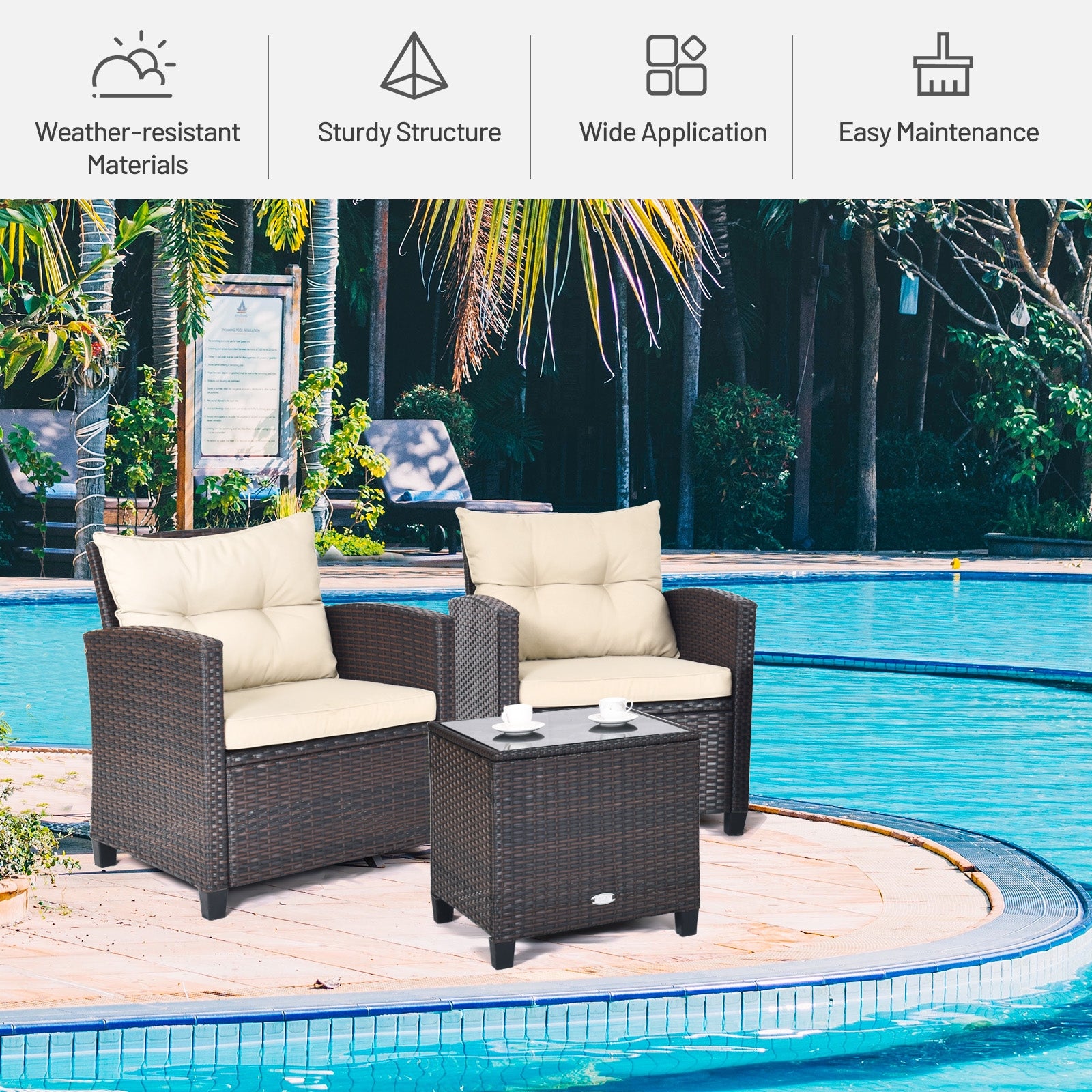 3 Pieces Patio Rattan Furniture Set with 4 Removable Cushions