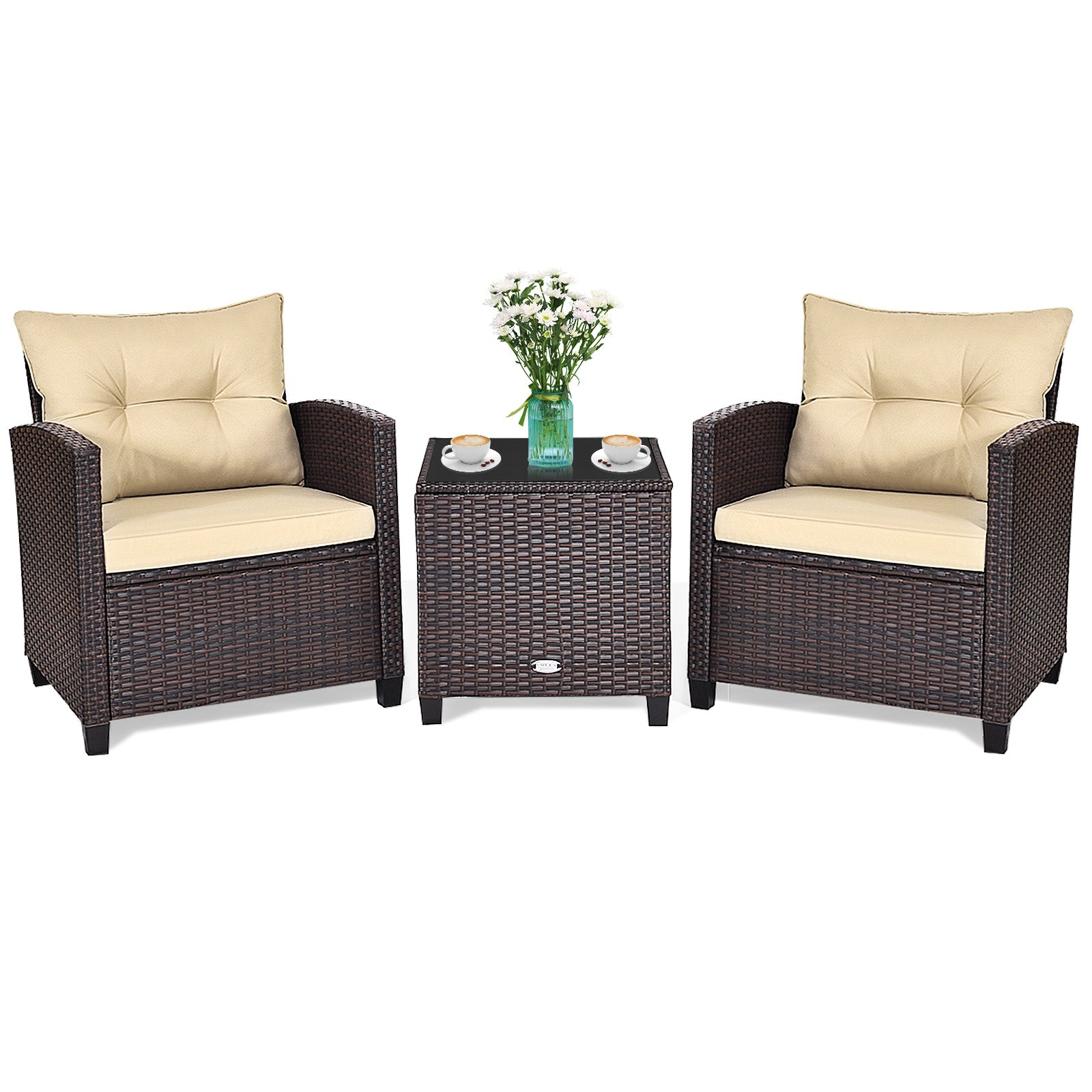 3 Pieces Patio Rattan Furniture Set with 4 Removable Cushions