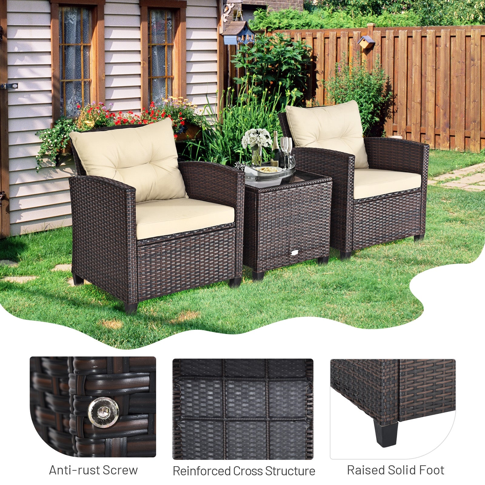 3 Pieces Patio Rattan Furniture Set with 4 Removable Cushions