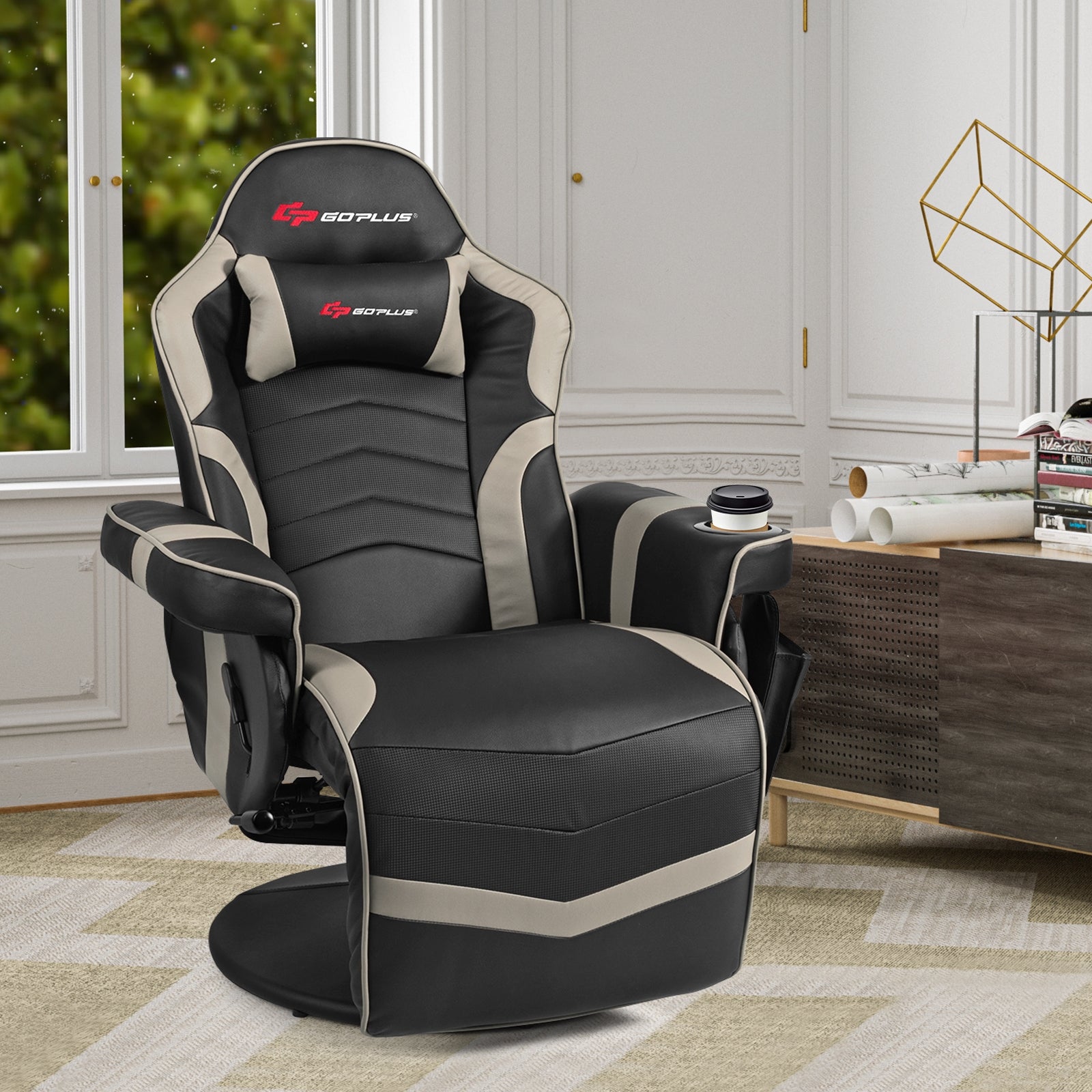 Ergonomic High Back Massage Gaming Chair with Pillow-Gray