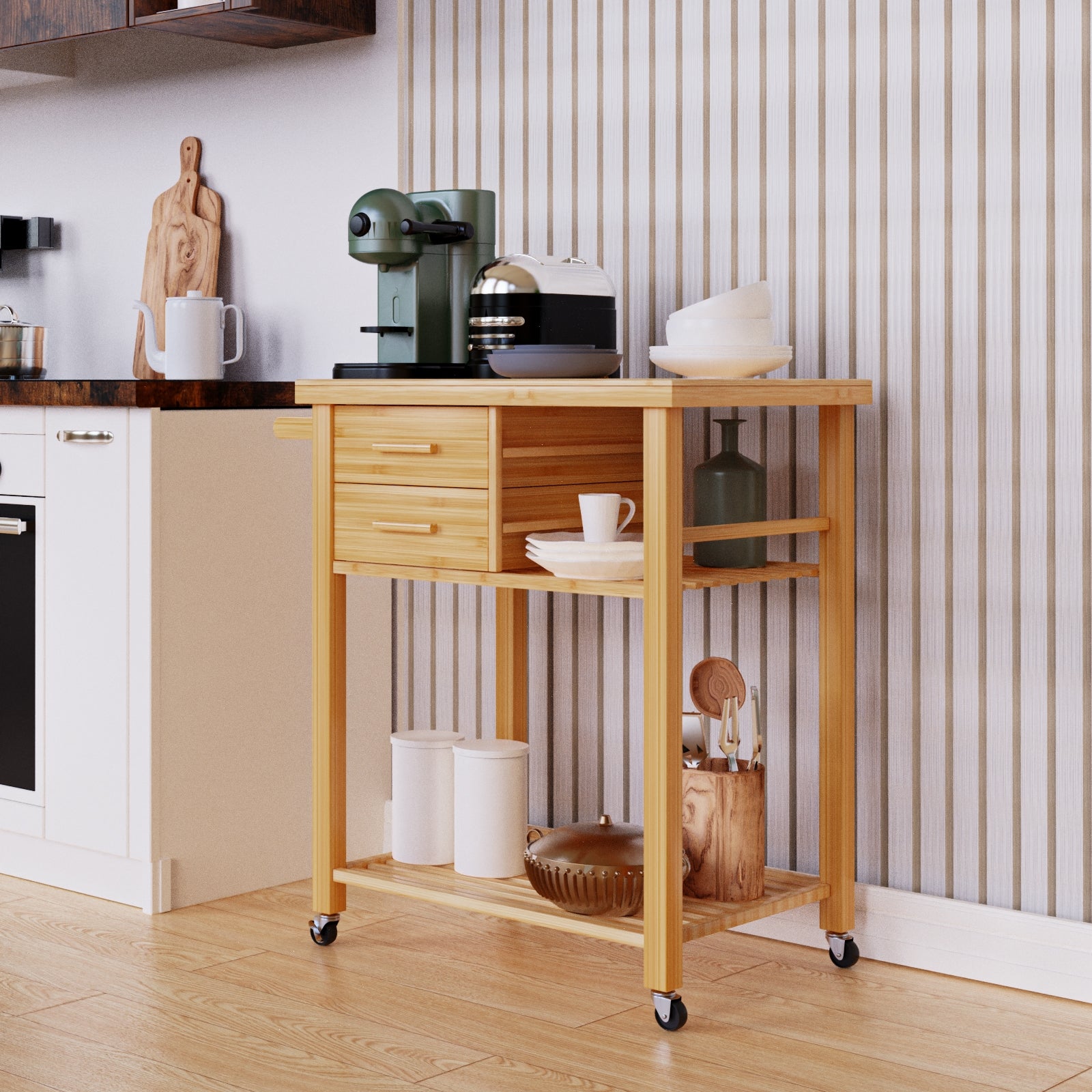 Bamboo Kitchen Trolley Cart with Tower Rack and Drawers