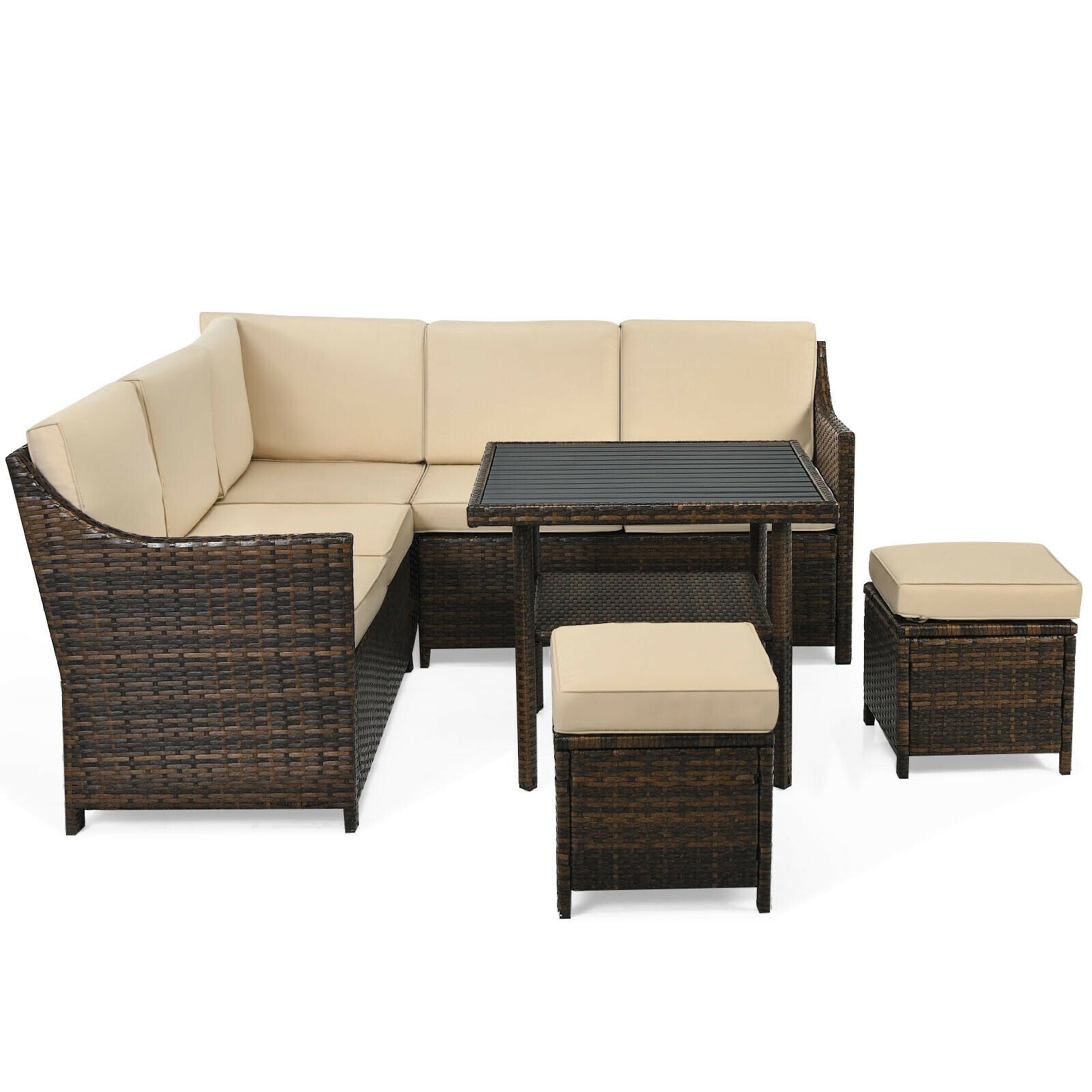 6 Pieces Patio Rattan Dining Sofa Funiture Set