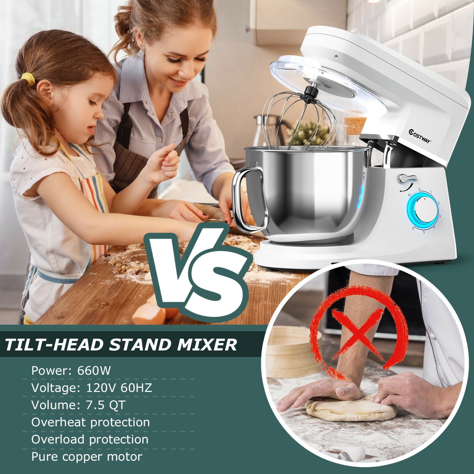 7.5 QT Tilt-Head Stand Mixer 6 Speed 660W with Dough Hook Beater -White