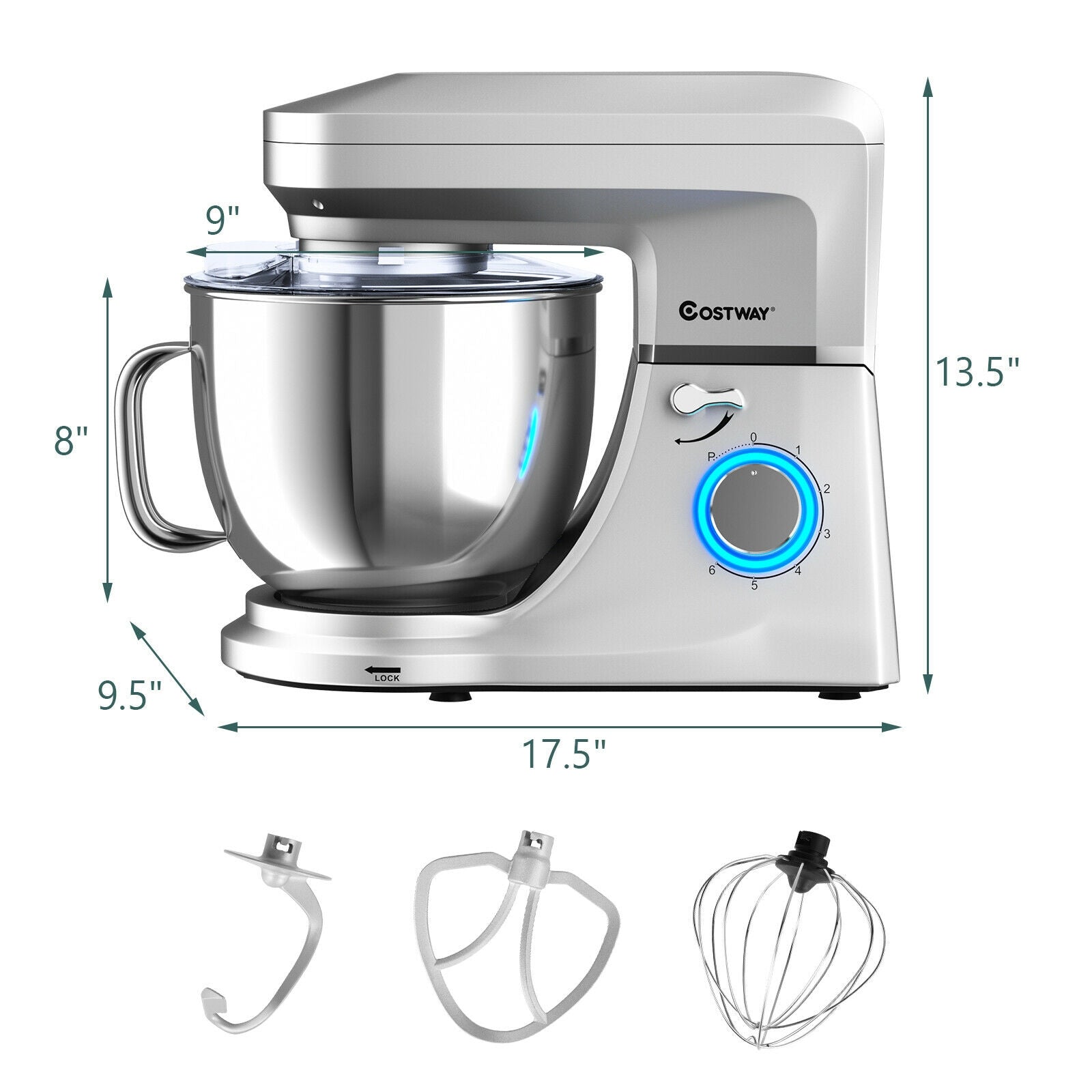 7.5 QT Tilt-Head Stand Mixer 6 Speed 660W with Dough Hook Beater -Silver