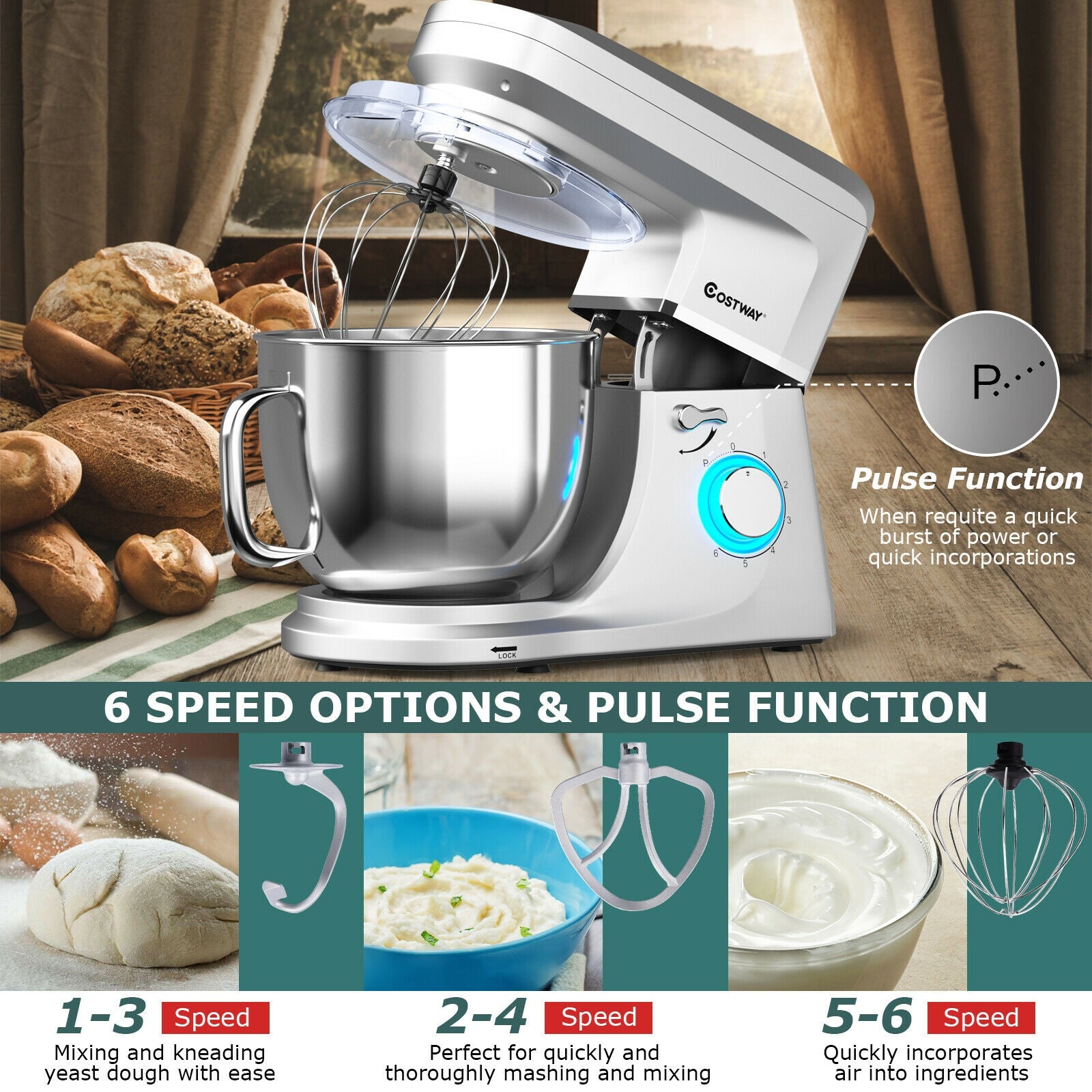 7.5 QT Tilt-Head Stand Mixer 6 Speed 660W with Dough Hook Beater -Silver