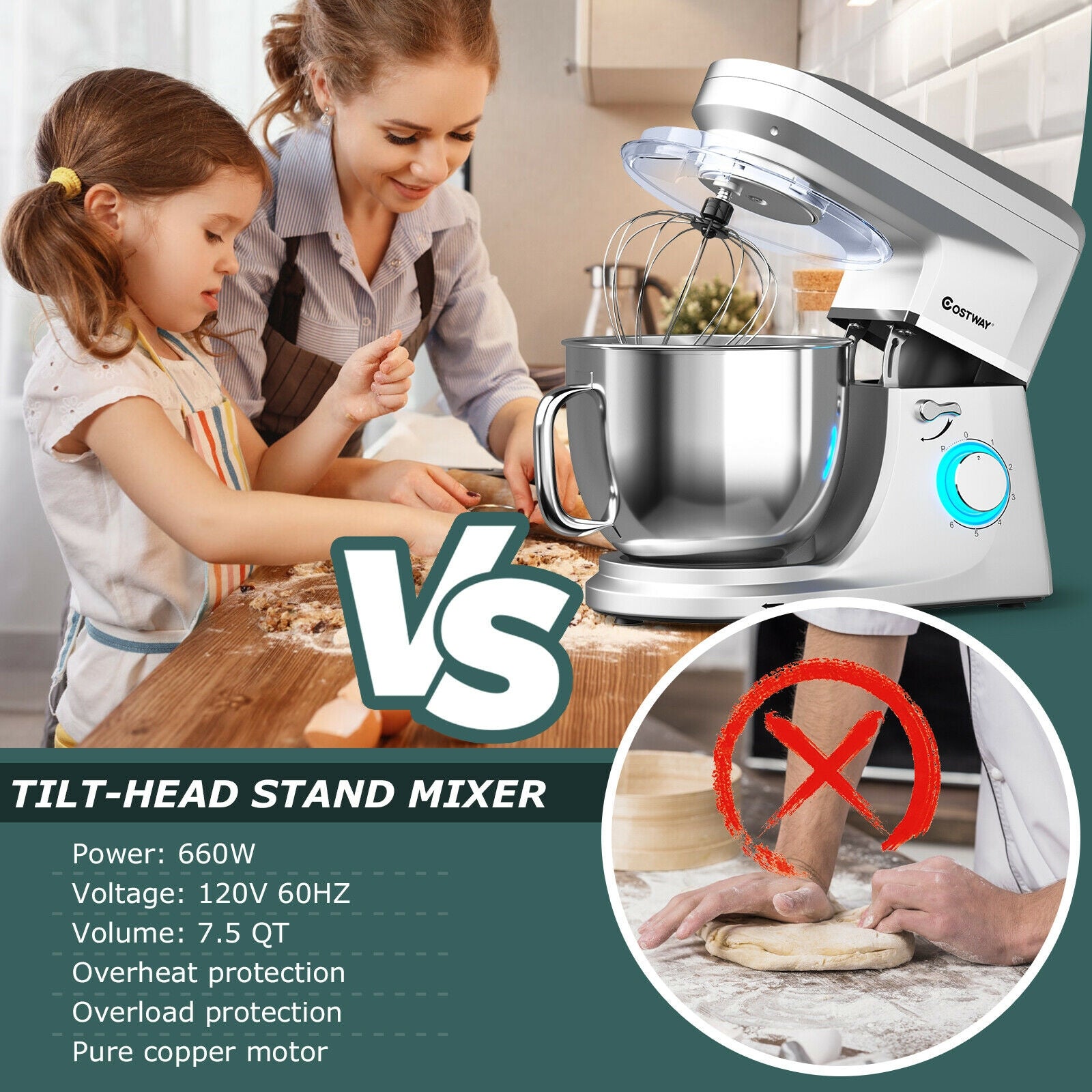 7.5 QT Tilt-Head Stand Mixer 6 Speed 660W with Dough Hook Beater -Silver