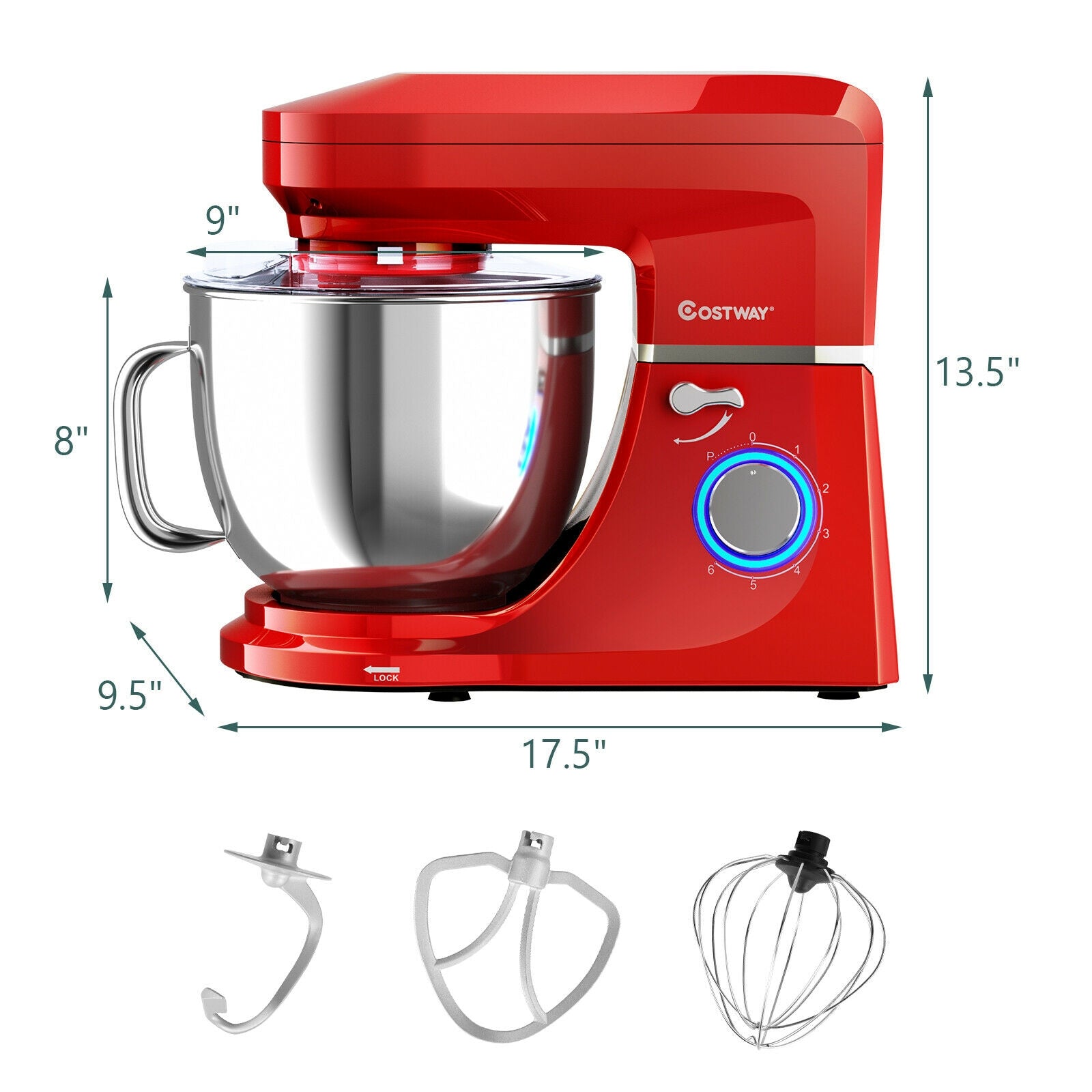 7.5 QT Tilt-Head Stand Mixer 6 Speed 660W with Dough Hook Beater -Red