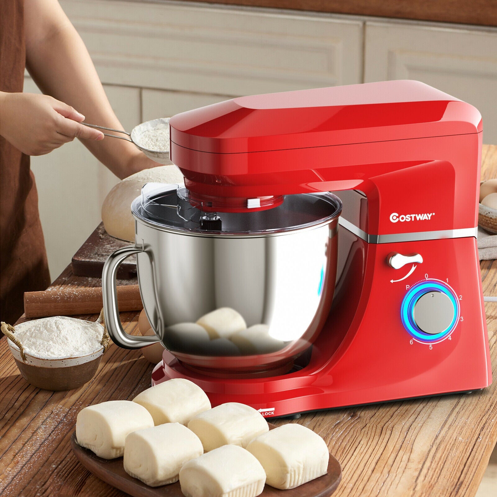 7.5 QT Tilt-Head Stand Mixer 6 Speed 660W with Dough Hook Beater -Red