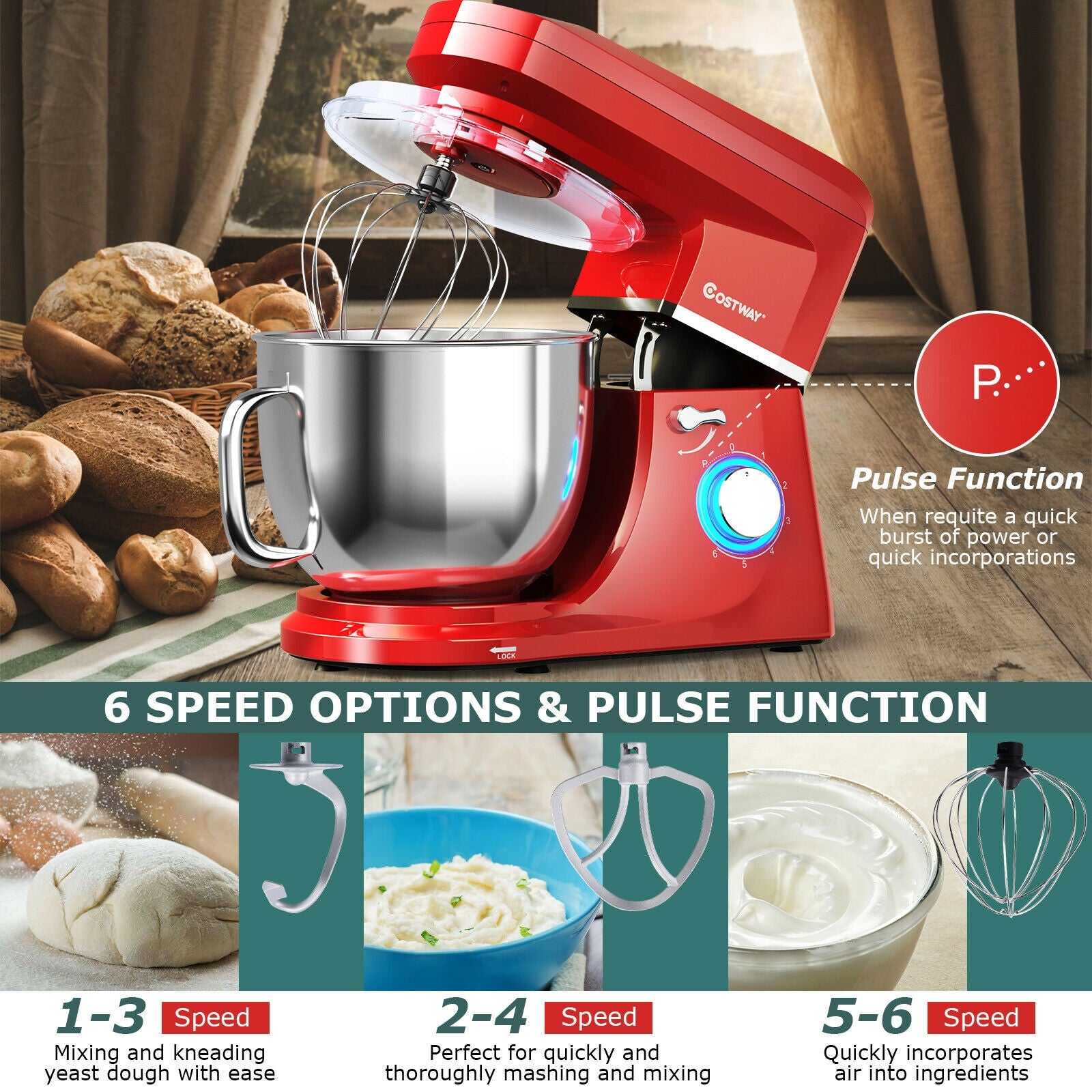 7.5 QT Tilt-Head Stand Mixer 6 Speed 660W with Dough Hook Beater -Red