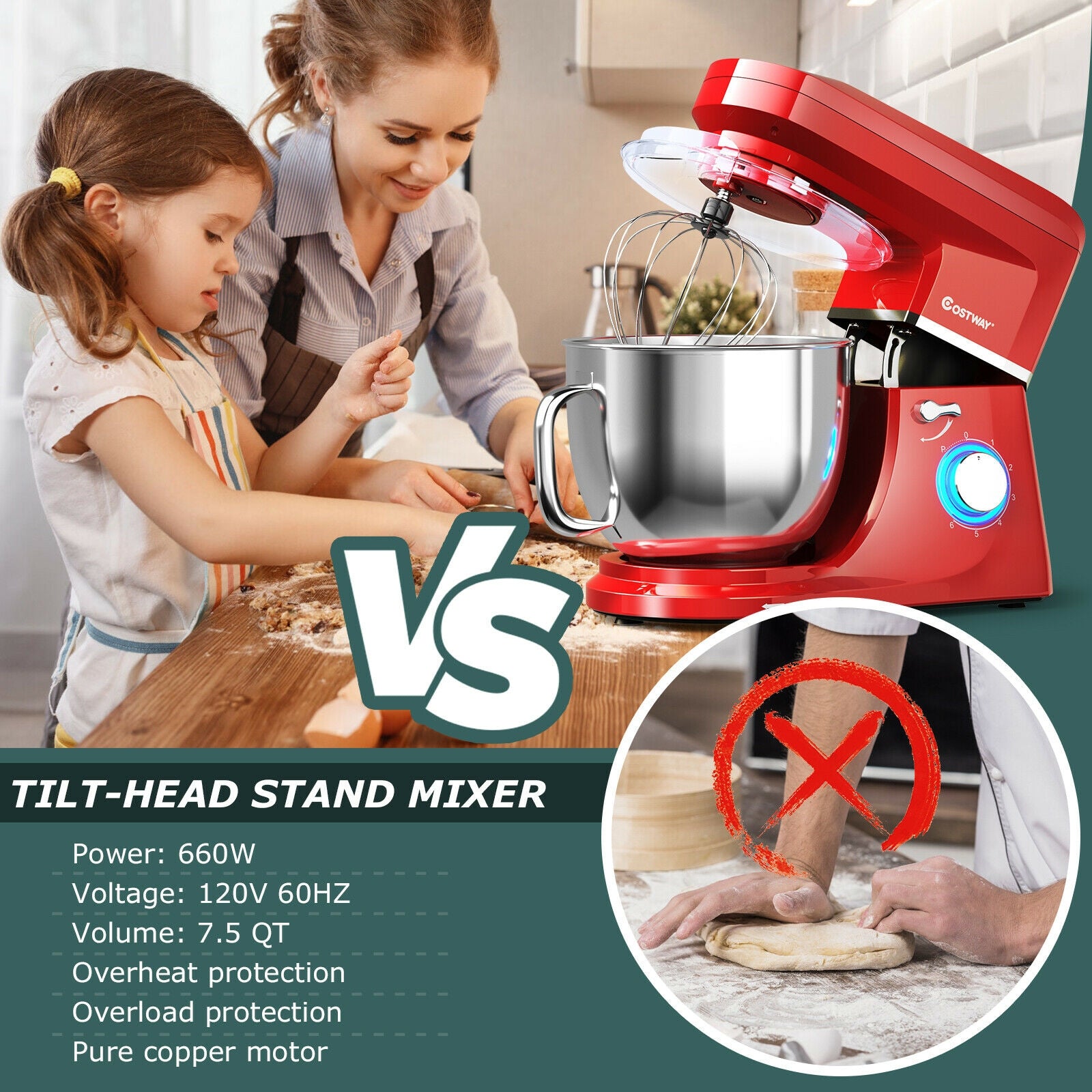 7.5 QT Tilt-Head Stand Mixer 6 Speed 660W with Dough Hook Beater -Red