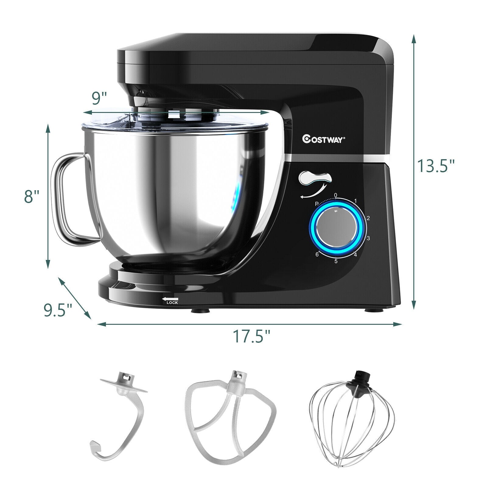 7.5 QT Tilt-Head Stand Mixer 6 Speed 660W with Dough Hook Beater -Black