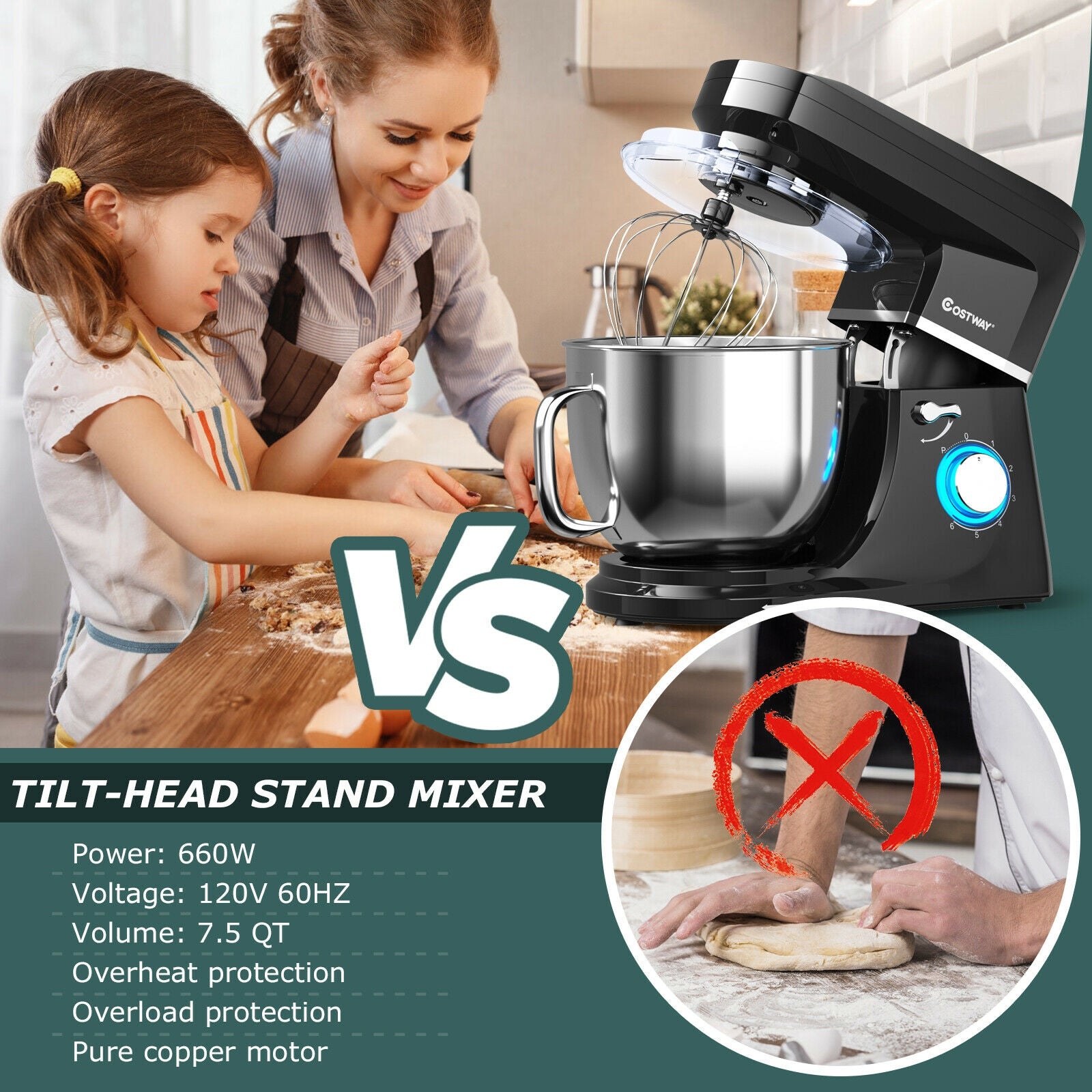 7.5 QT Tilt-Head Stand Mixer 6 Speed 660W with Dough Hook Beater -Black