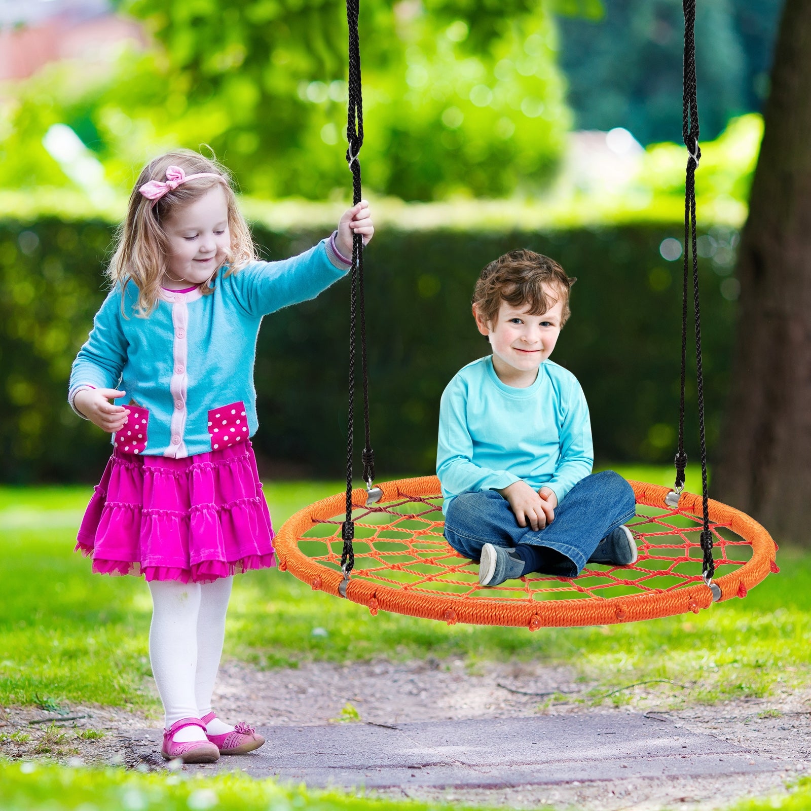 40 Inch Spider Web Tree Swing Kids Outdoor Play Set with Adjustable Ropes-Orange