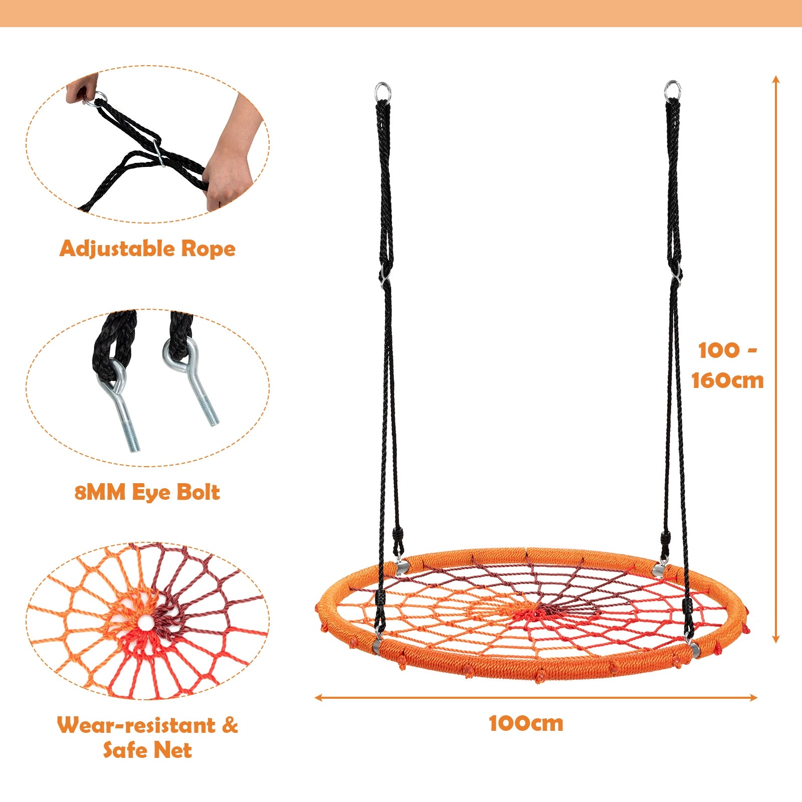 40 Inch Spider Web Tree Swing Kids Outdoor Play Set with Adjustable Ropes-Orange