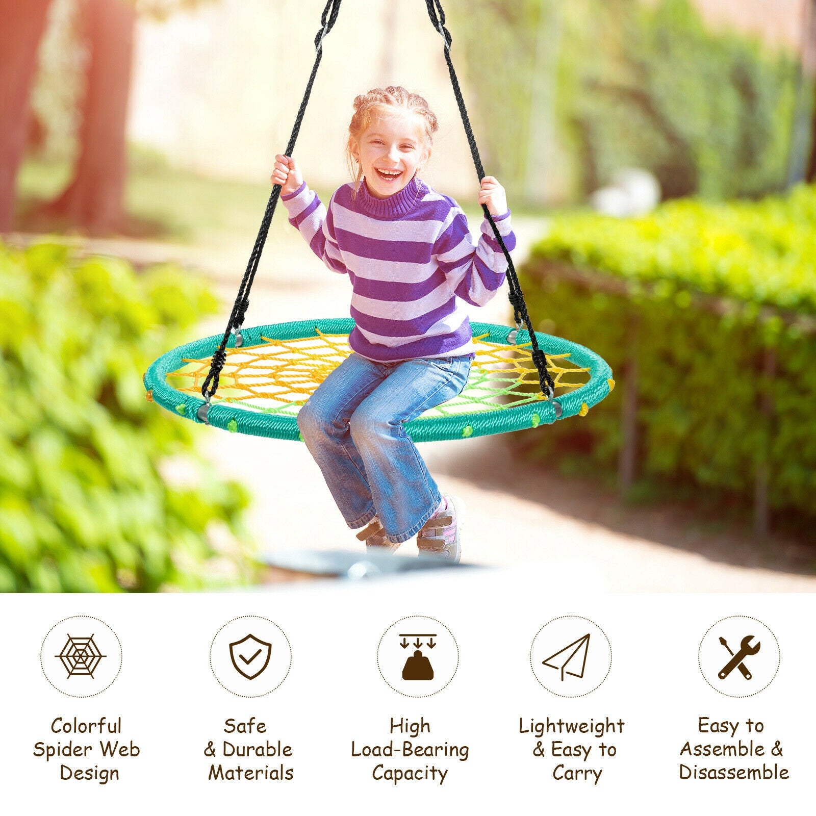 40 Inch Spider Web Tree Swing Kids Outdoor Play Set with Adjustable Ropes-Green