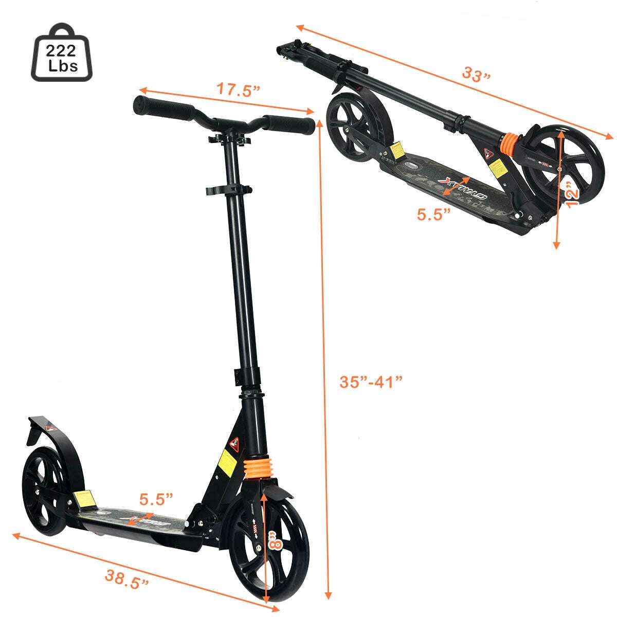 Folding Aluminium Adjustable Kick Scooter with Shoulder Strap-Black