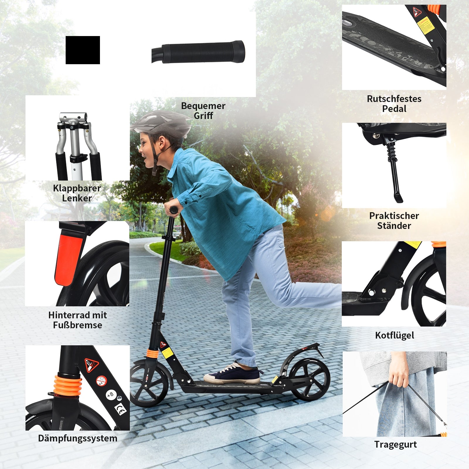 Folding Aluminium Adjustable Kick Scooter with Shoulder Strap-Black